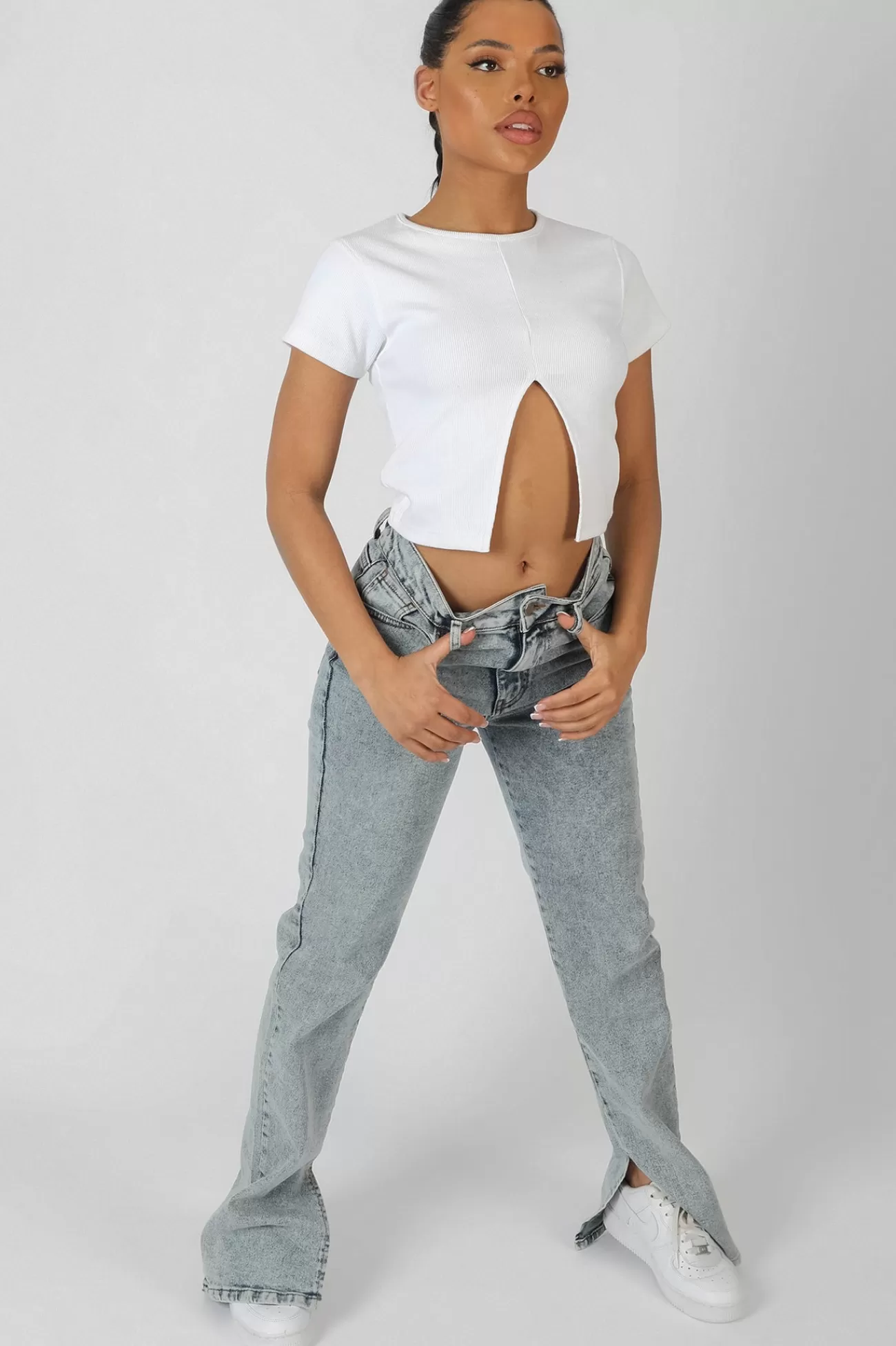 Public Desire Split Front Ribbed T-Shirt White Discount