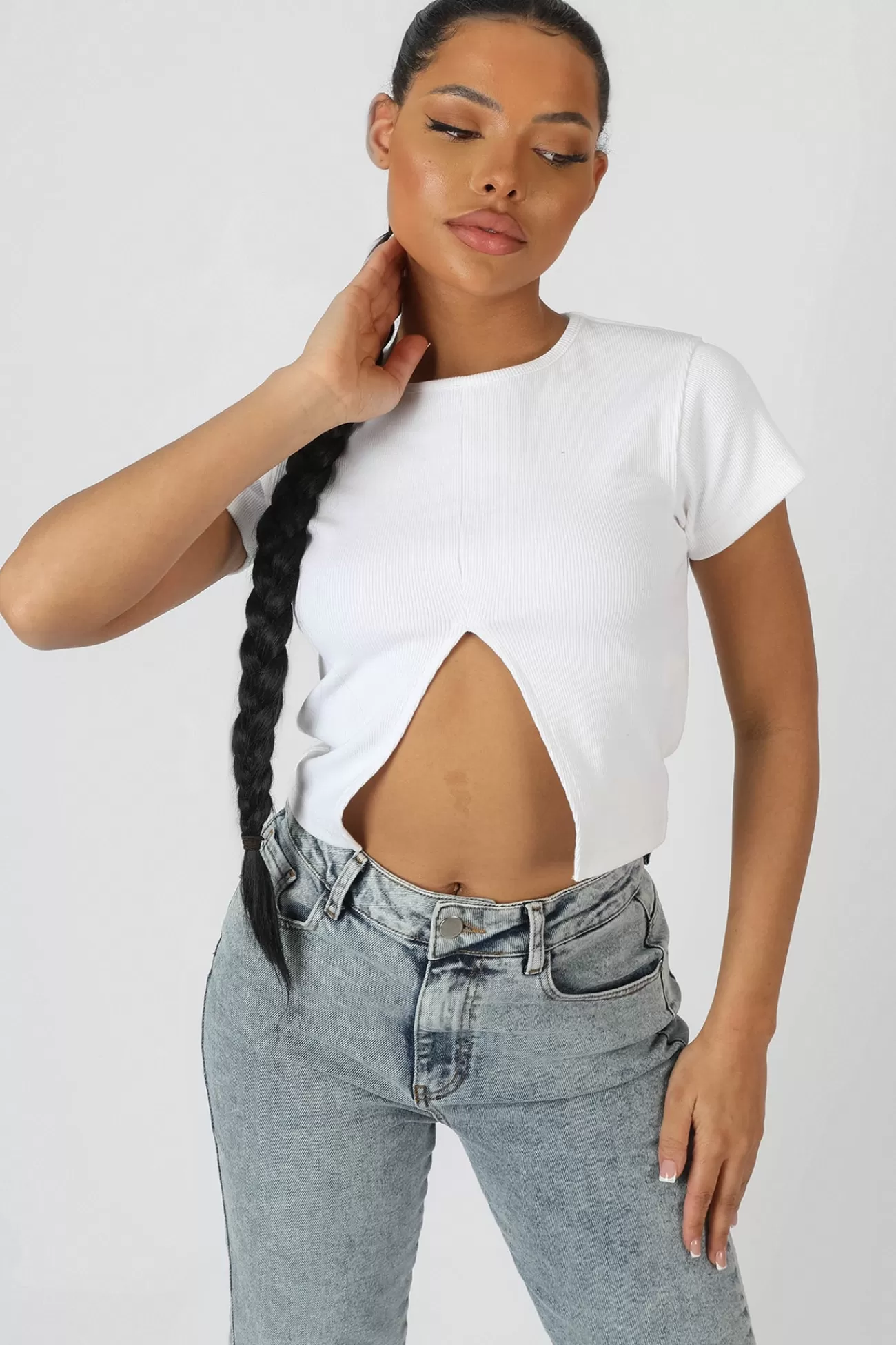 Public Desire Split Front Ribbed T-Shirt White Discount