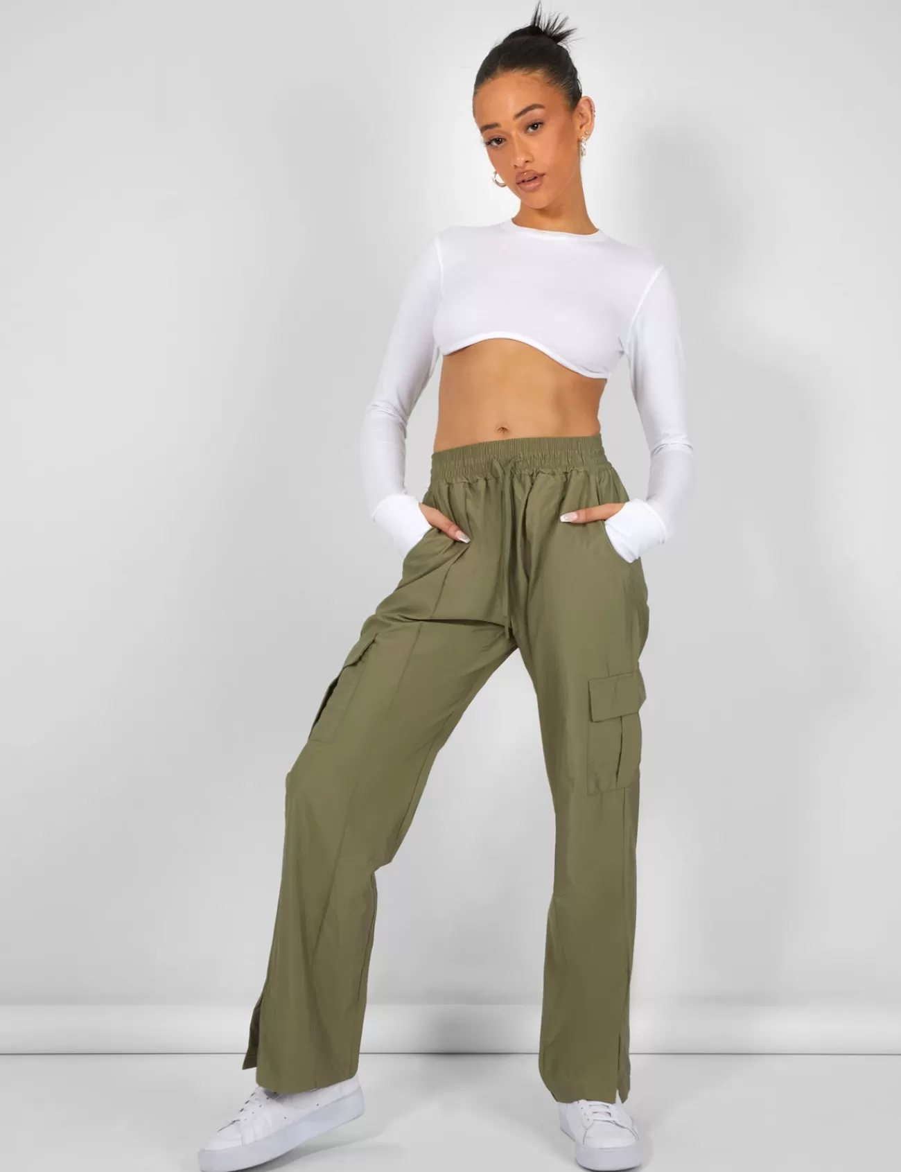 Public Desire Split Hem Cargo Trousers Khaki Store