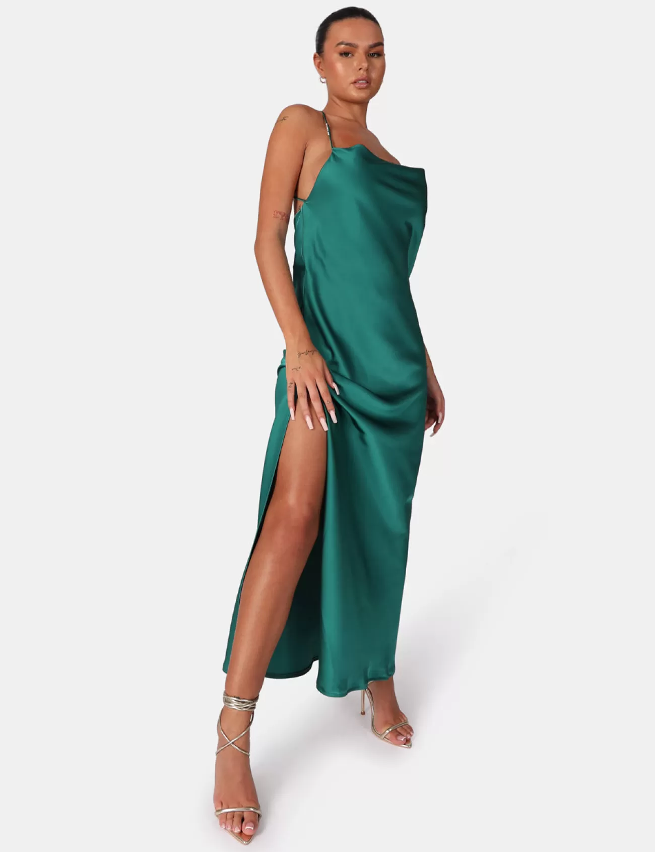 Public Desire Split Hem Cowl Neck Cross Back Maxi Dress Emerald Green Flash Sale