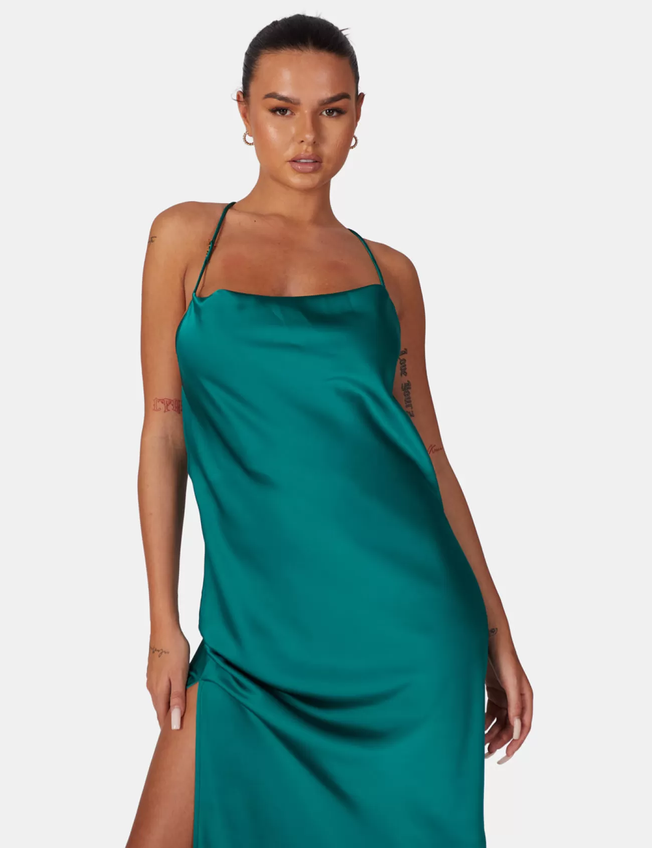 Public Desire Split Hem Cowl Neck Cross Back Maxi Dress Emerald Green Flash Sale