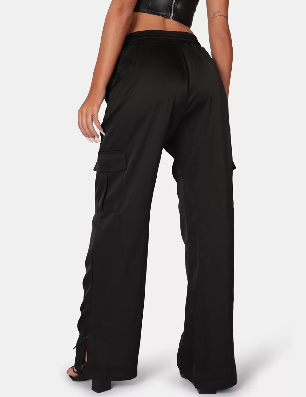 Public Desire Split Hem Satin Elasticated Waist Wide Leg Cargo Trousers Black Flash Sale