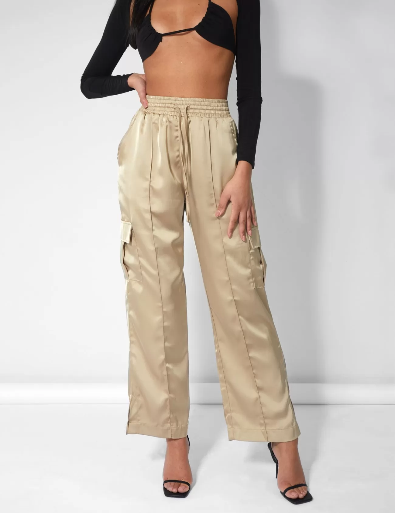 Public Desire Split Hem Satin Elasticated Waist Wide Leg Cargo Trousers Champagne Store