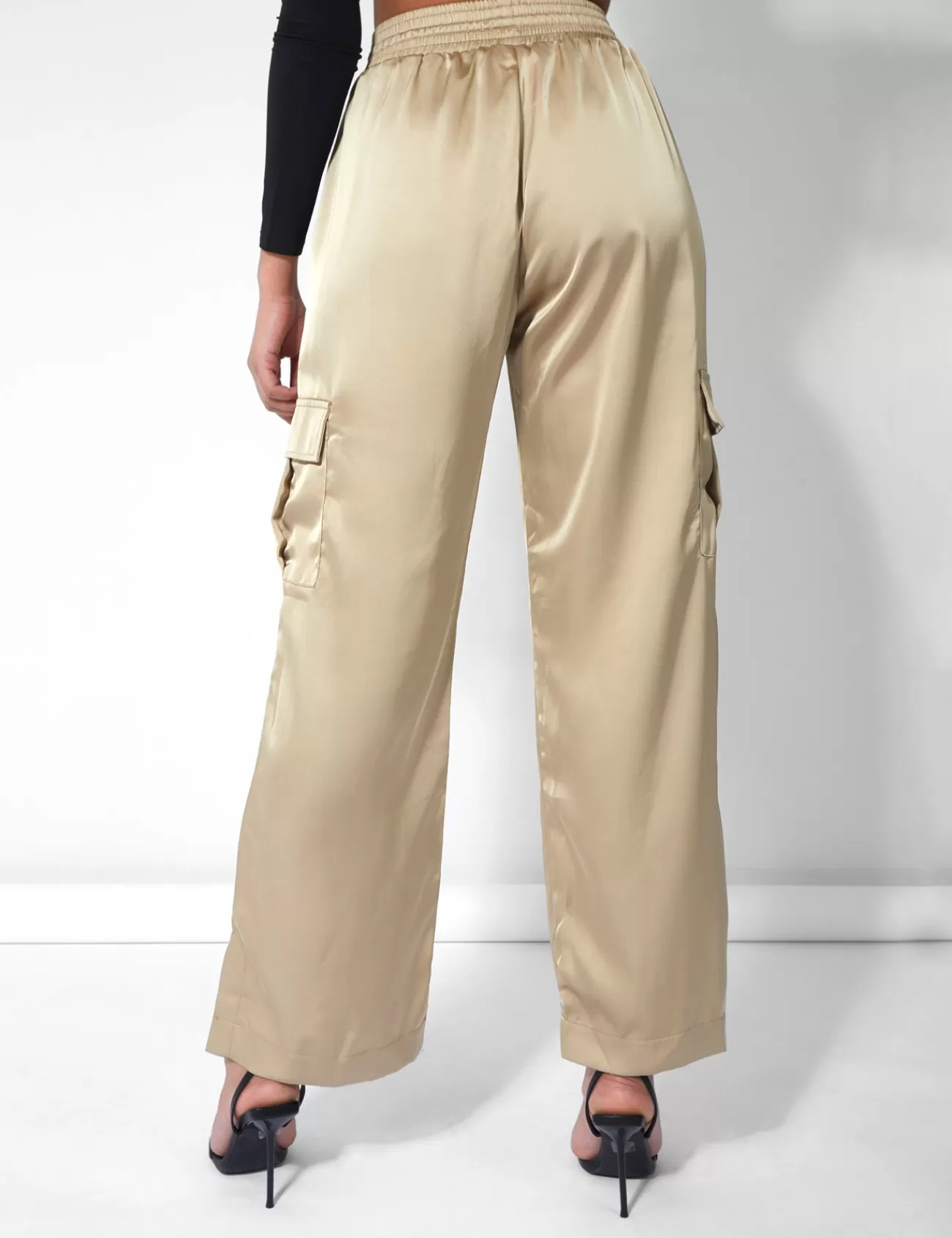 Public Desire Split Hem Satin Elasticated Waist Wide Leg Cargo Trousers Champagne Store