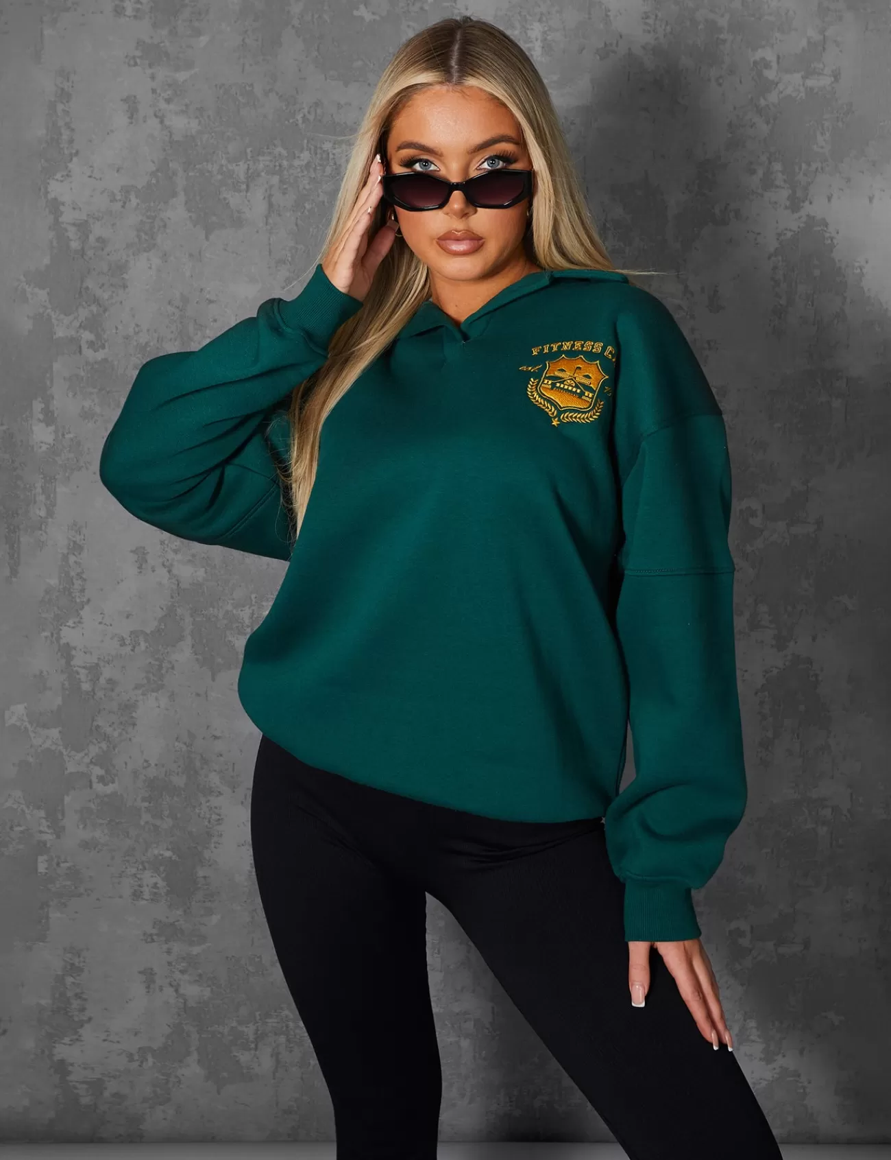Public Desire Sports Club Embroidered Badge Oversized Rugby Sweatshirt Forest Green Outlet