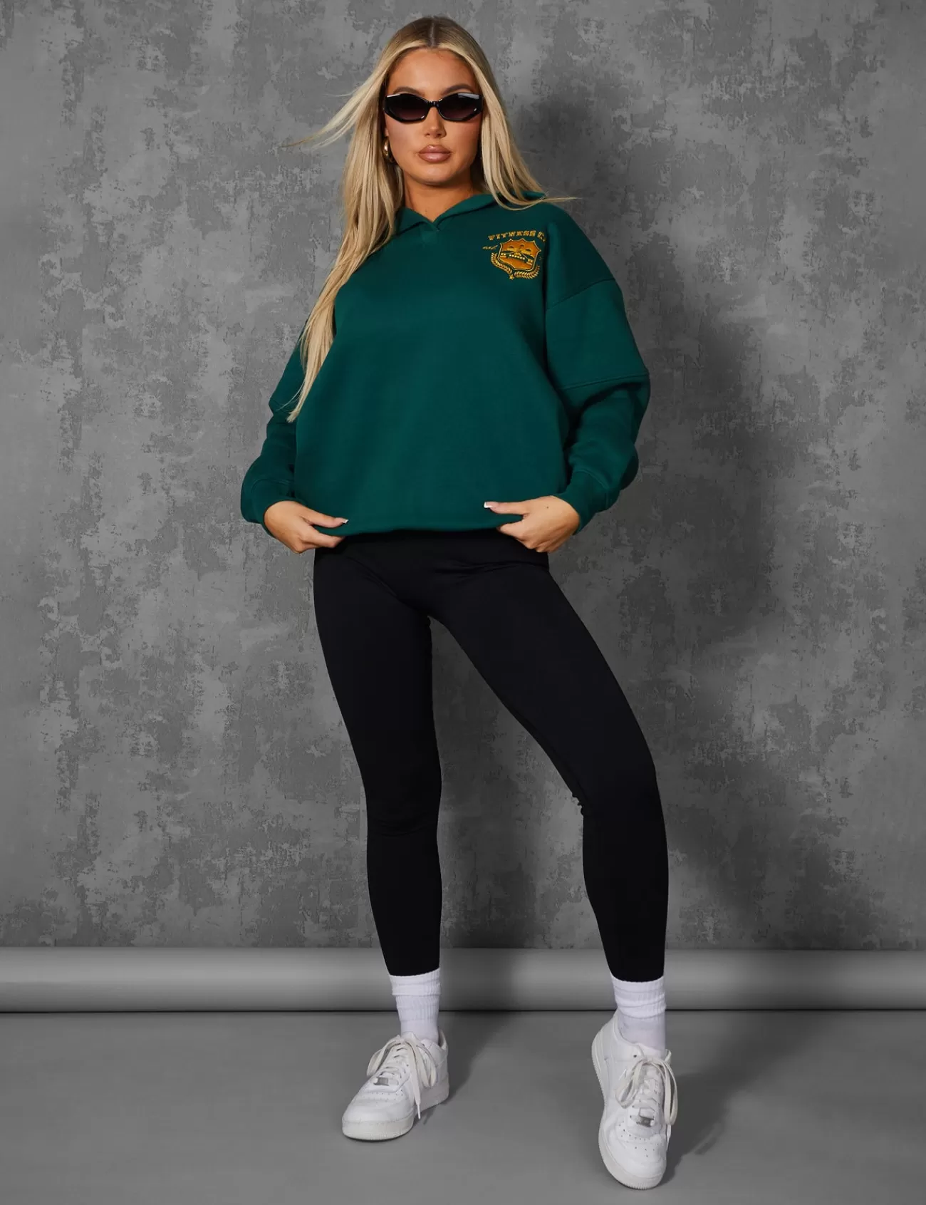 Public Desire Sports Club Embroidered Badge Oversized Rugby Sweatshirt Forest Green Outlet