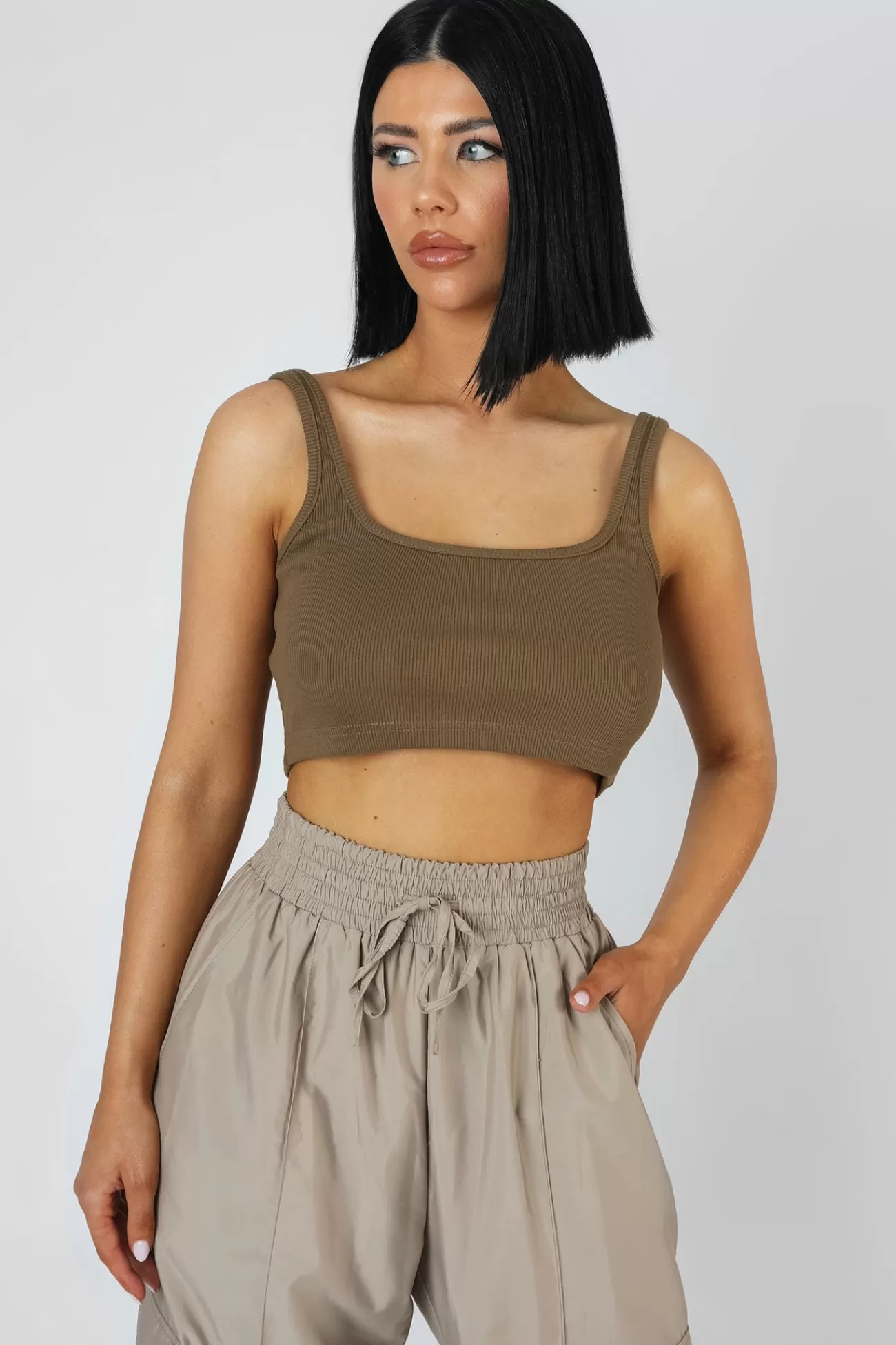 Public Desire Square Neck Ribbed Crop Top Khaki Store