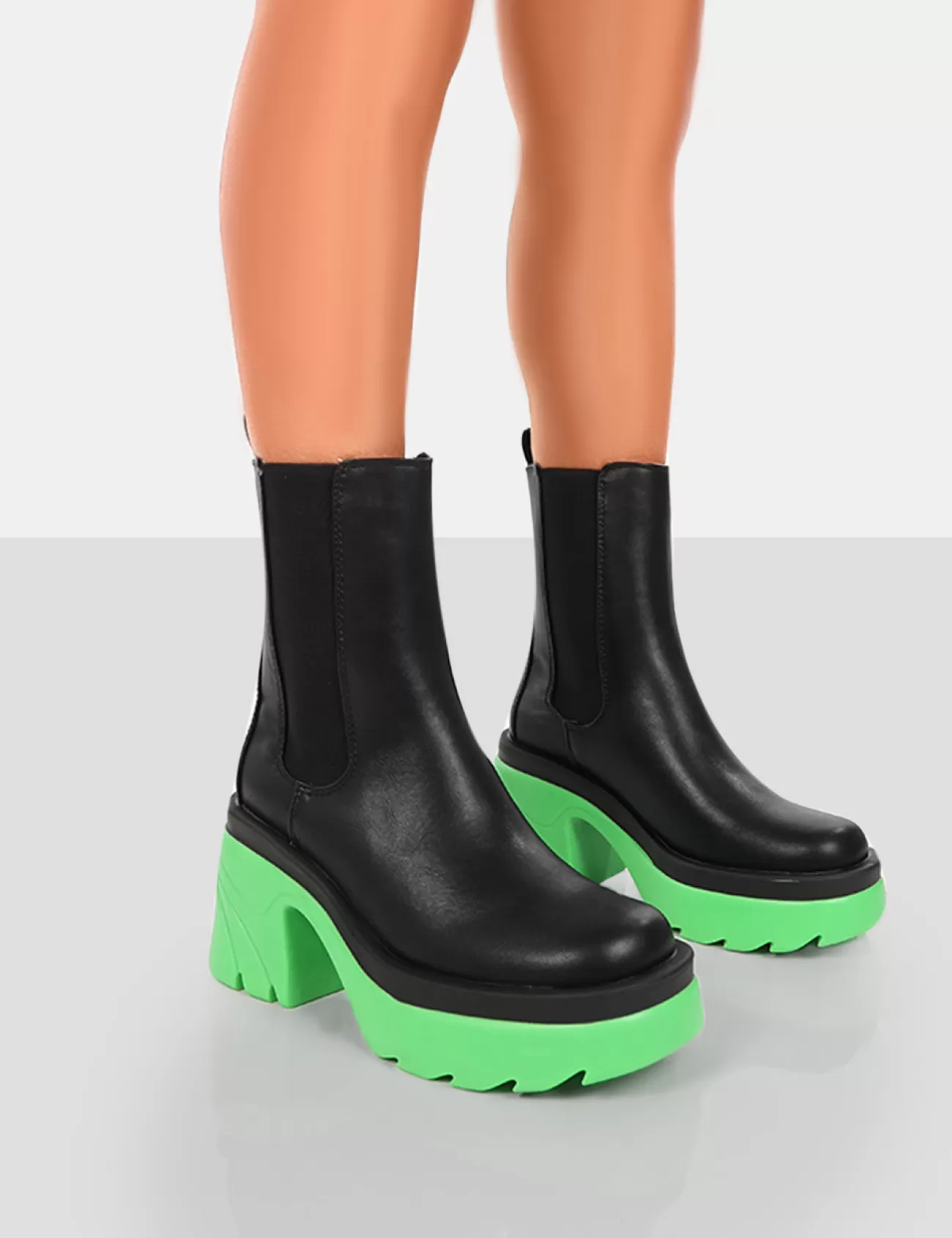Public Desire Step Up Black Pu Platform Chunky Sole Heeled Ankle Boots Green Clearance