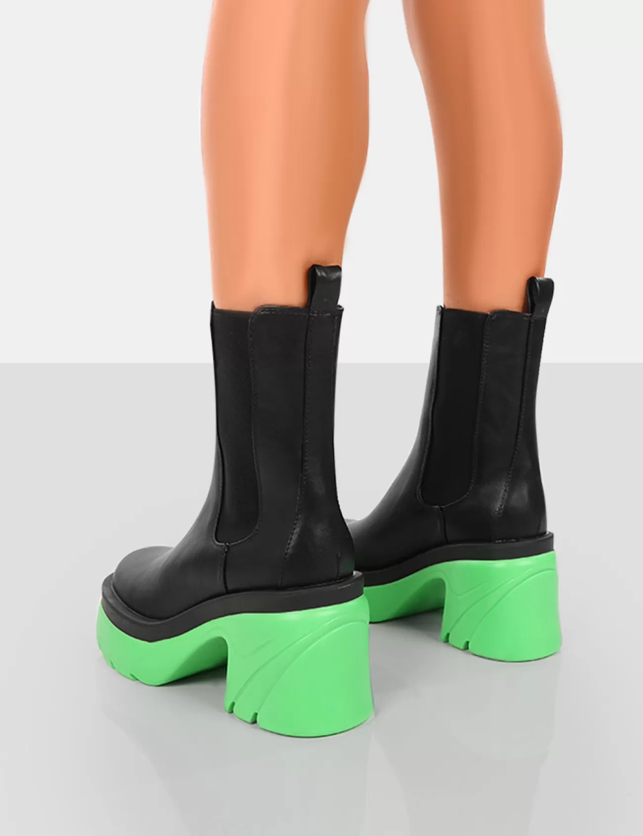 Public Desire Step Up Black Pu Platform Chunky Sole Heeled Ankle Boots Green Clearance