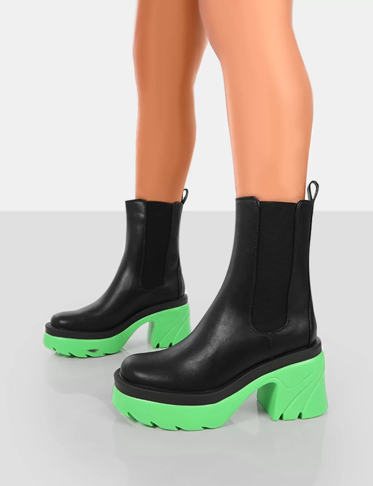 Public Desire Step Up Black Pu Platform Chunky Sole Heeled Ankle Boots Green Clearance