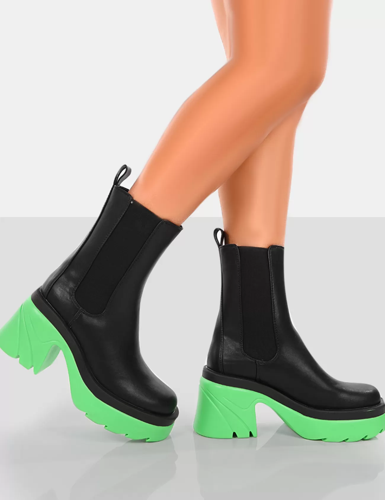 Public Desire Step Up Black Pu Platform Chunky Sole Heeled Ankle Boots Green Clearance