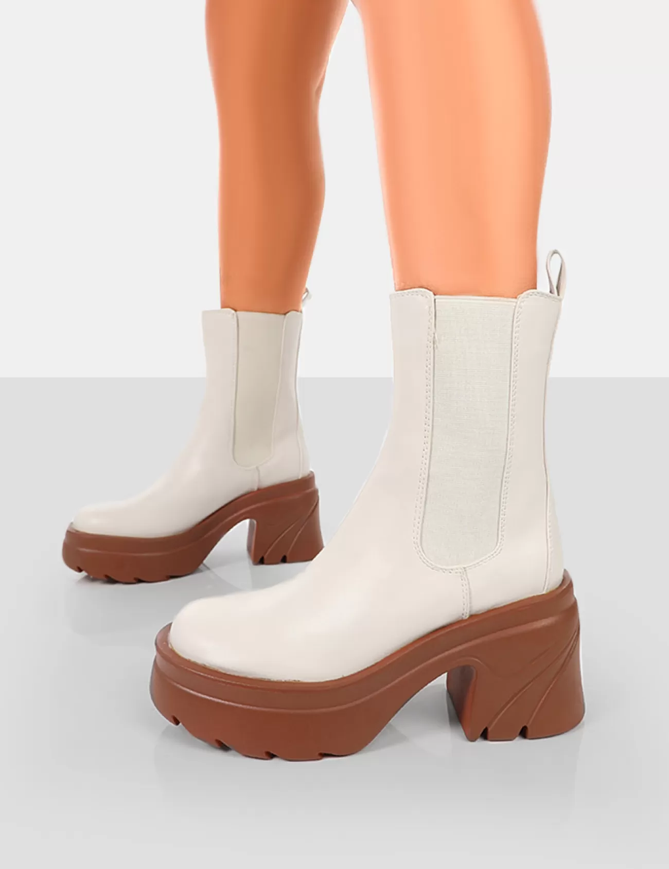Public Desire Step Up Brown Pu Platform Chunky Sole Heeled Ankle Boots Ecru Fashion