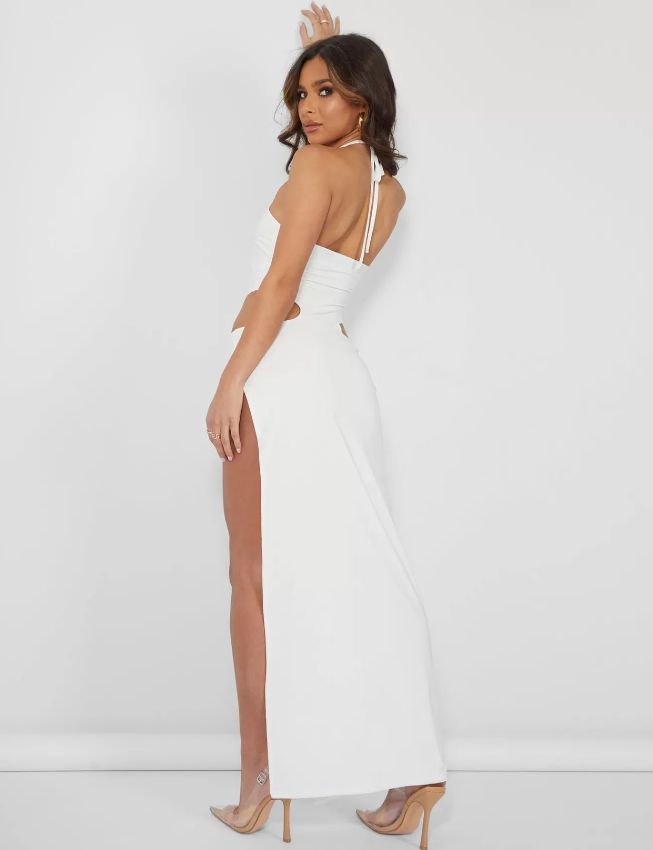 Public Desire Strappy Cut Away Extreme Split Midaxi Dress Ivory Clearance