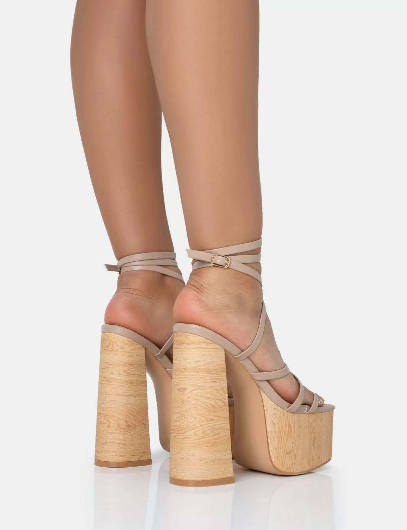 Public Desire Suki Pu Strappy Wood Effect Platform Square Toe Block Heels Nude Outlet