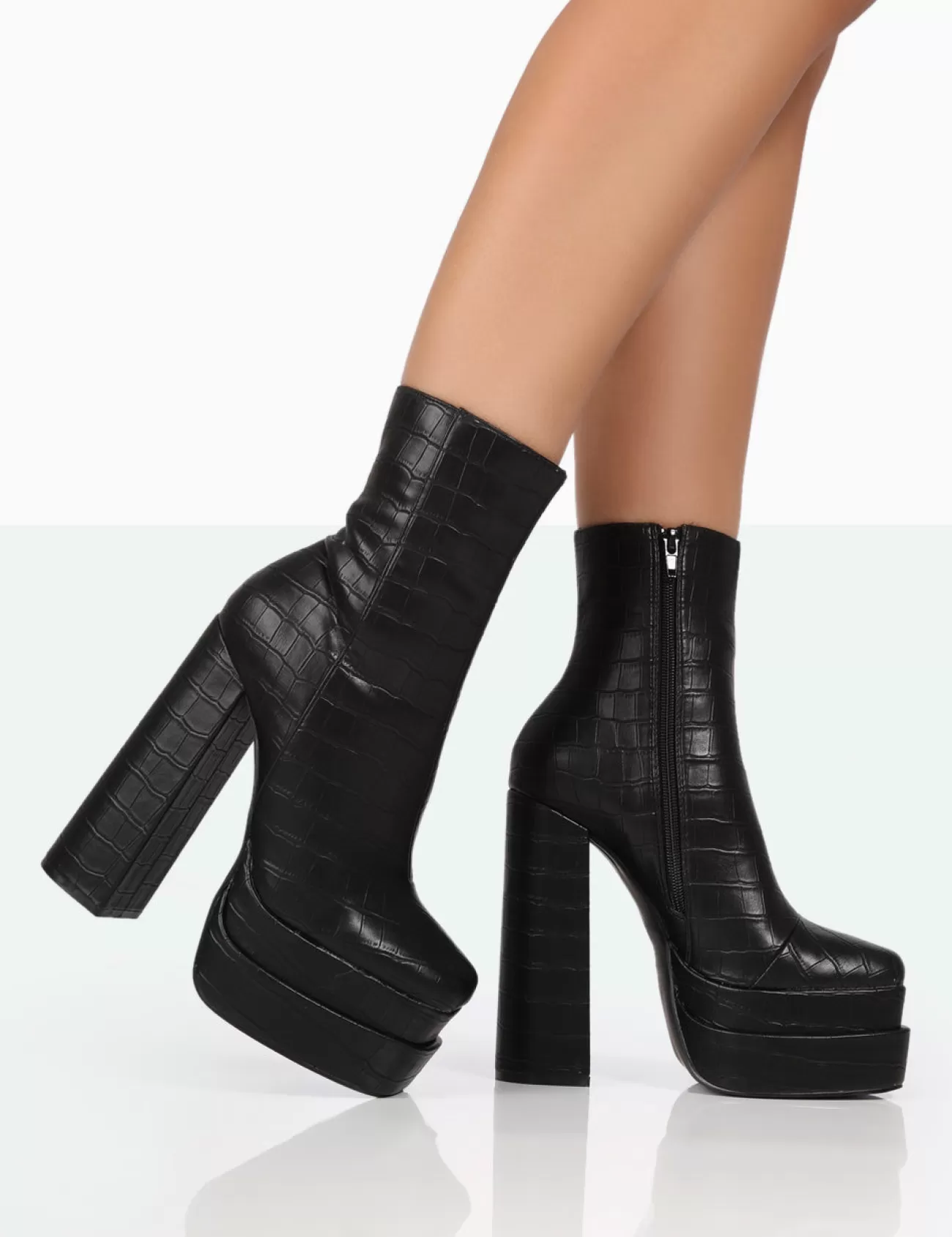 Public Desire Supine Patent Croc Chunky Heeled Platform Ankle Boots Black Fashion