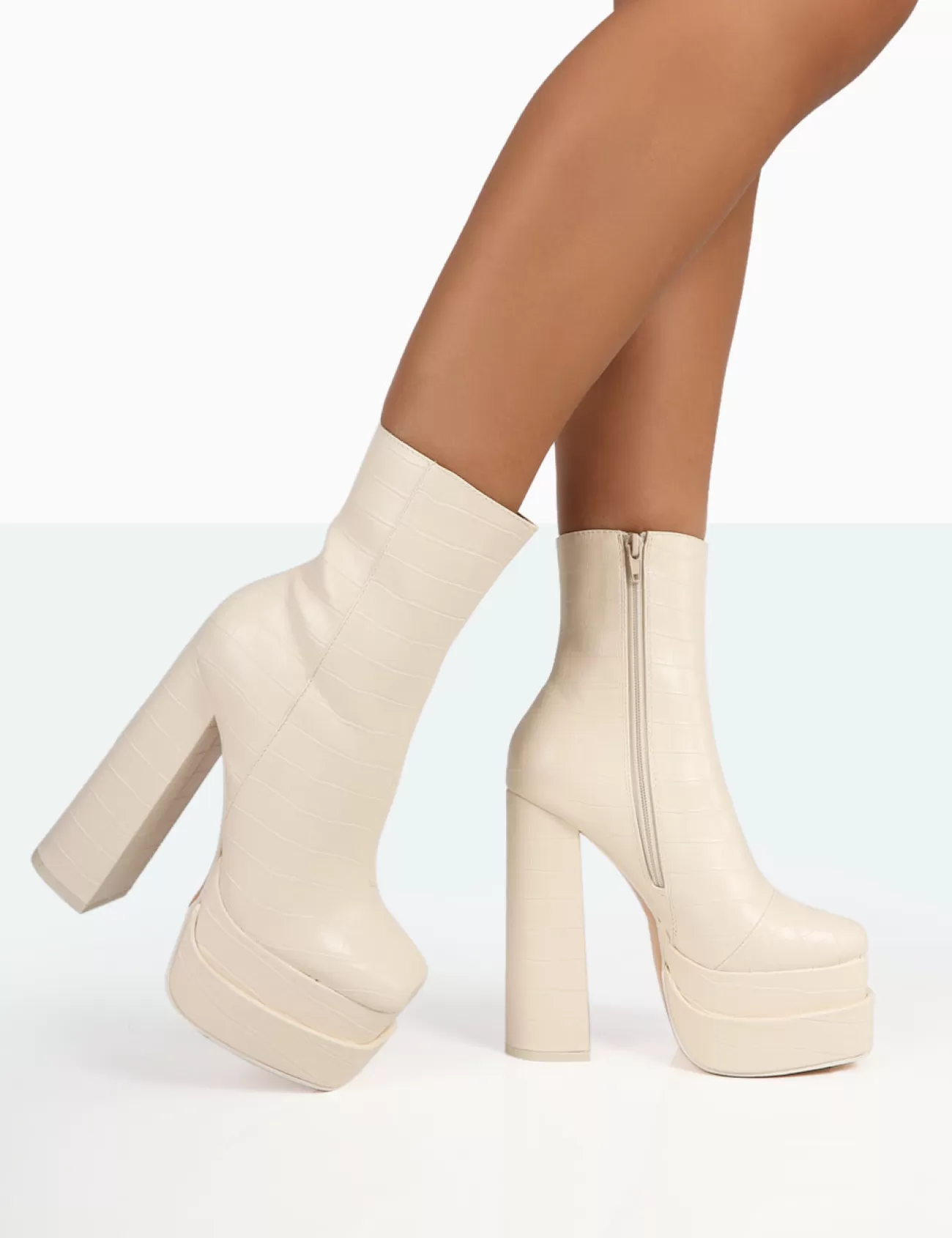 Public Desire Supine Patent Croc Chunky Heeled Platform Ankle Boots Ecru Store