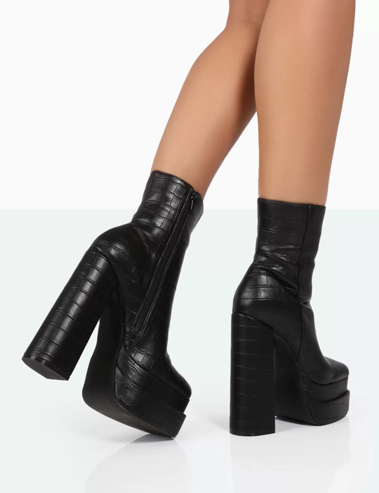 Public Desire Supine Patent Croc Chunky Heeled Platform Ankle Boots Black Fashion