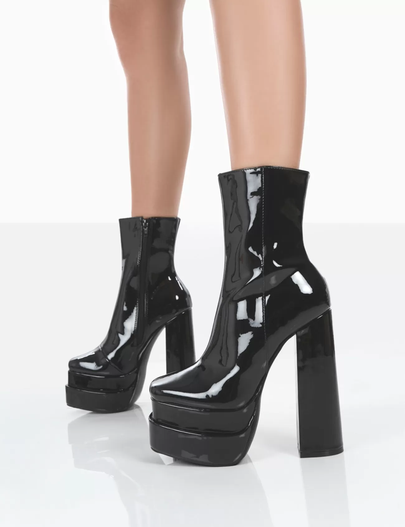 Public Desire Supine Wide Fit Black Patent Chunky Platform High Heeled Ankle Boots Block Fashion
