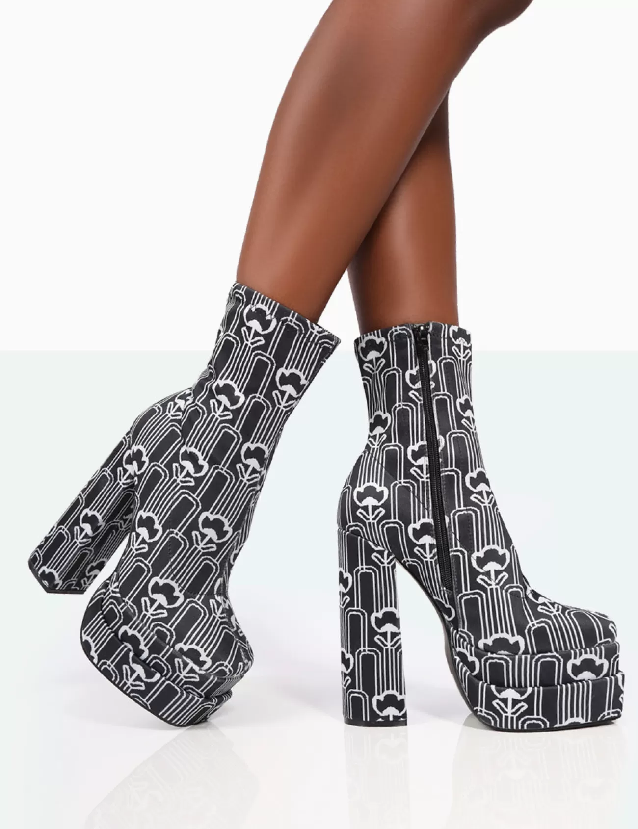 Public Desire Supreme Floral Print Nylon Platform Block Heel Ankle Boots Black Best Sale