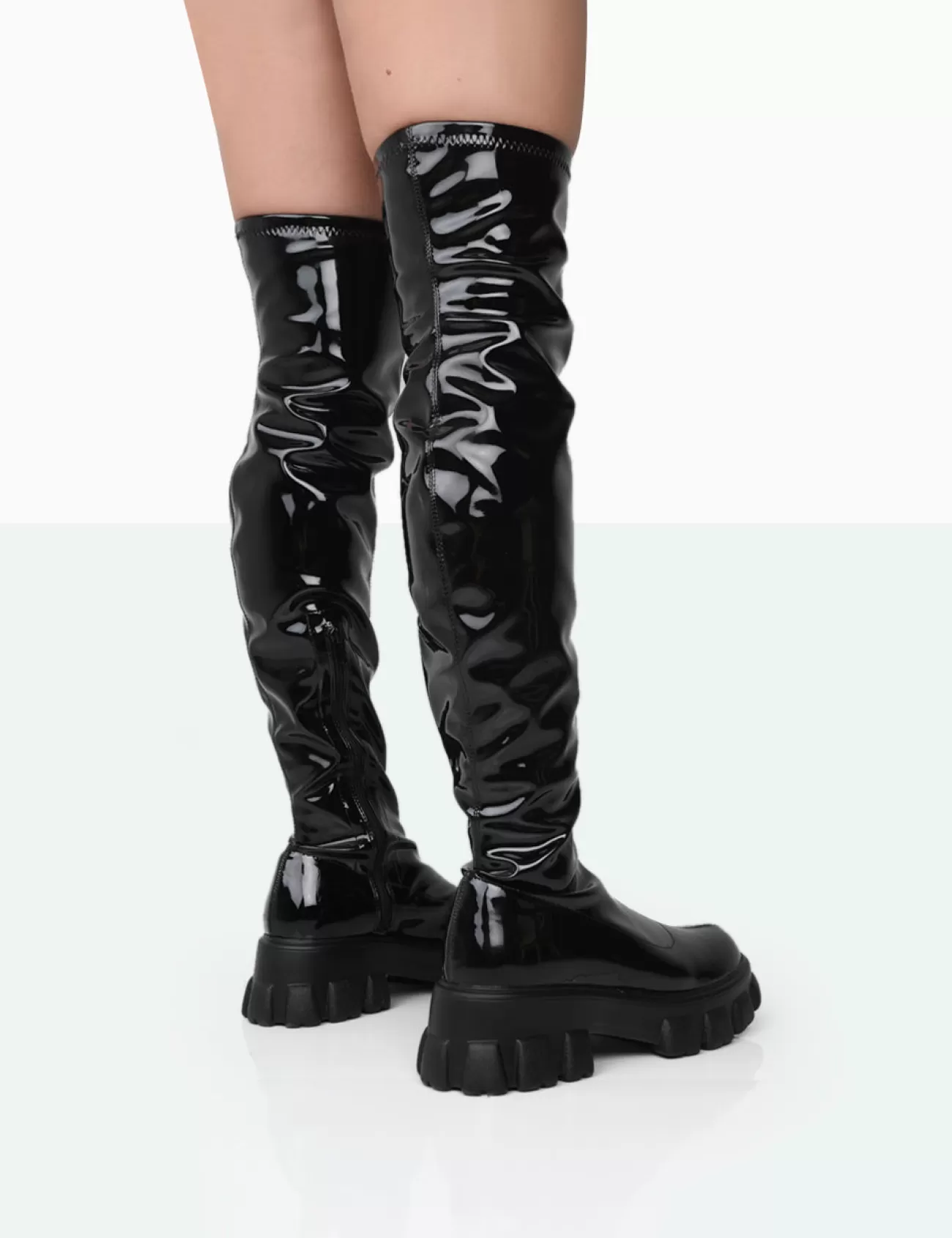 Public Desire Take Chances Patent Chunky Sole Knee High Boots Black Sale