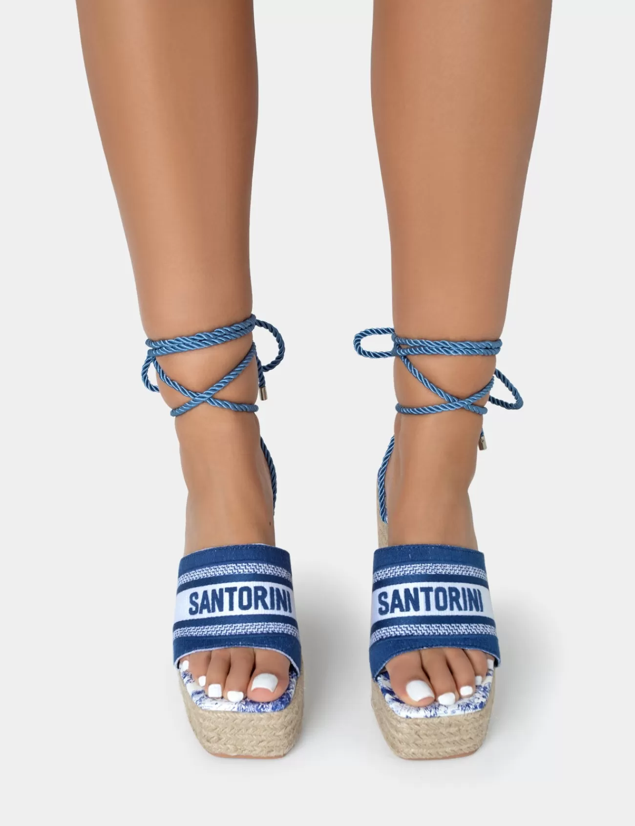 Public Desire Take Off Embroidered Santorini Lace Up Raffia Square Toe Wedge Heels Navy Outlet