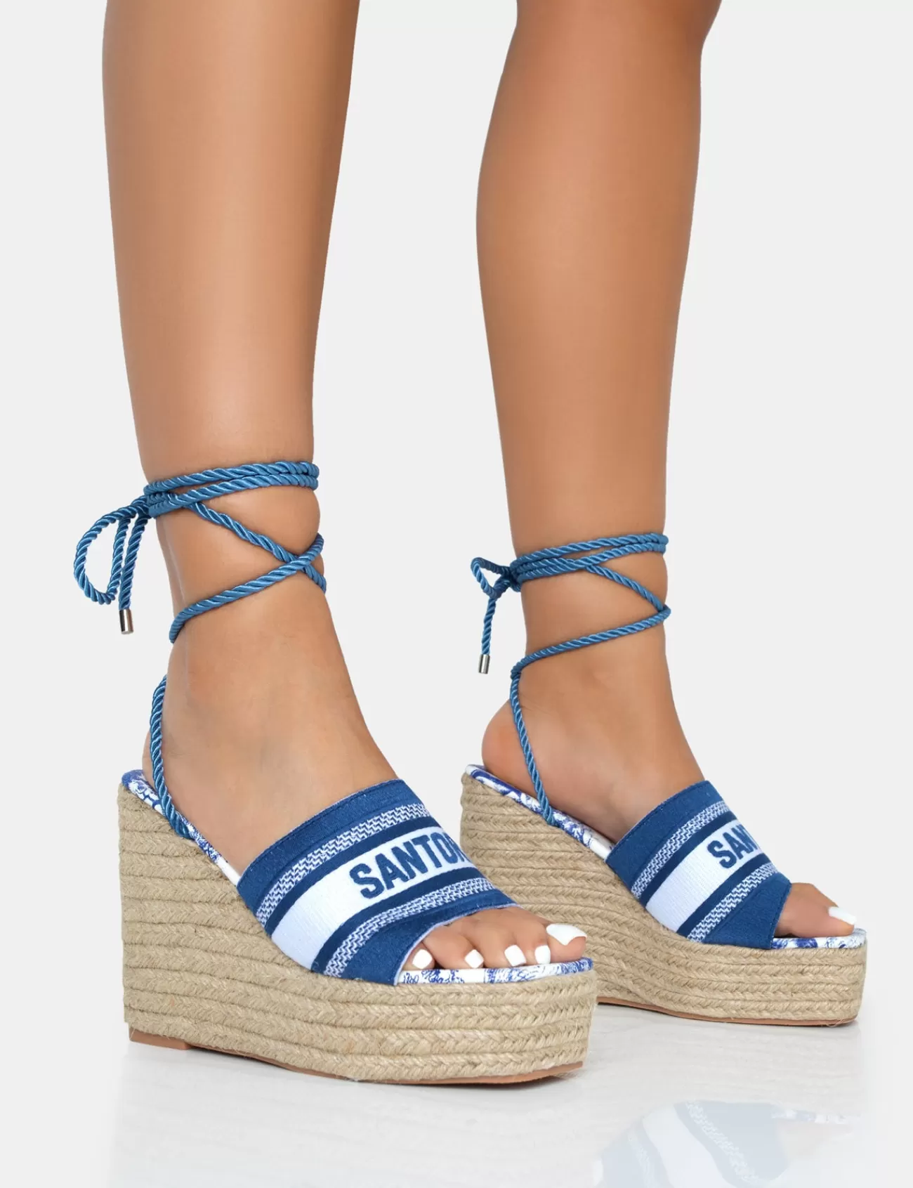 Public Desire Take Off Embroidered Santorini Lace Up Raffia Square Toe Wedge Heels Navy Outlet