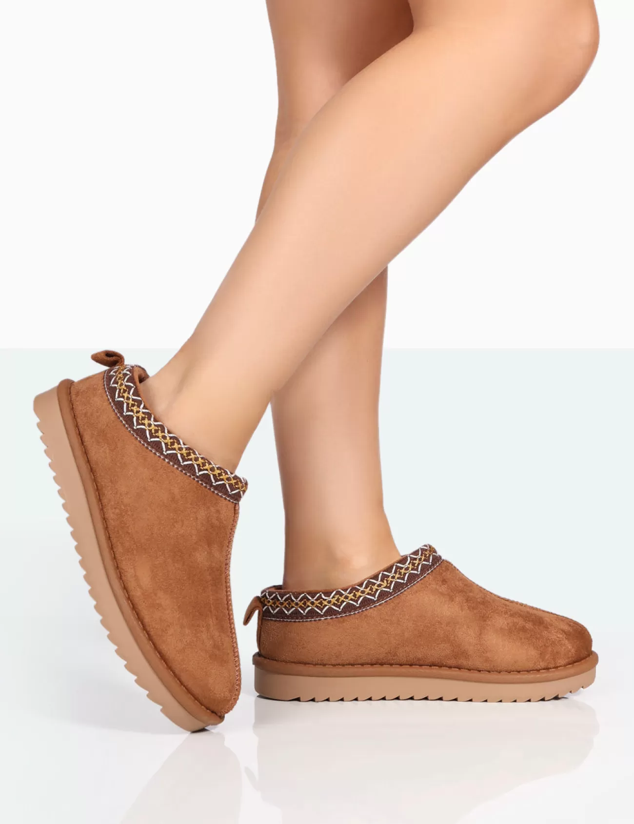 Public Desire Tamsin Faux Suede Embroidered Slipper Boots Tan Store