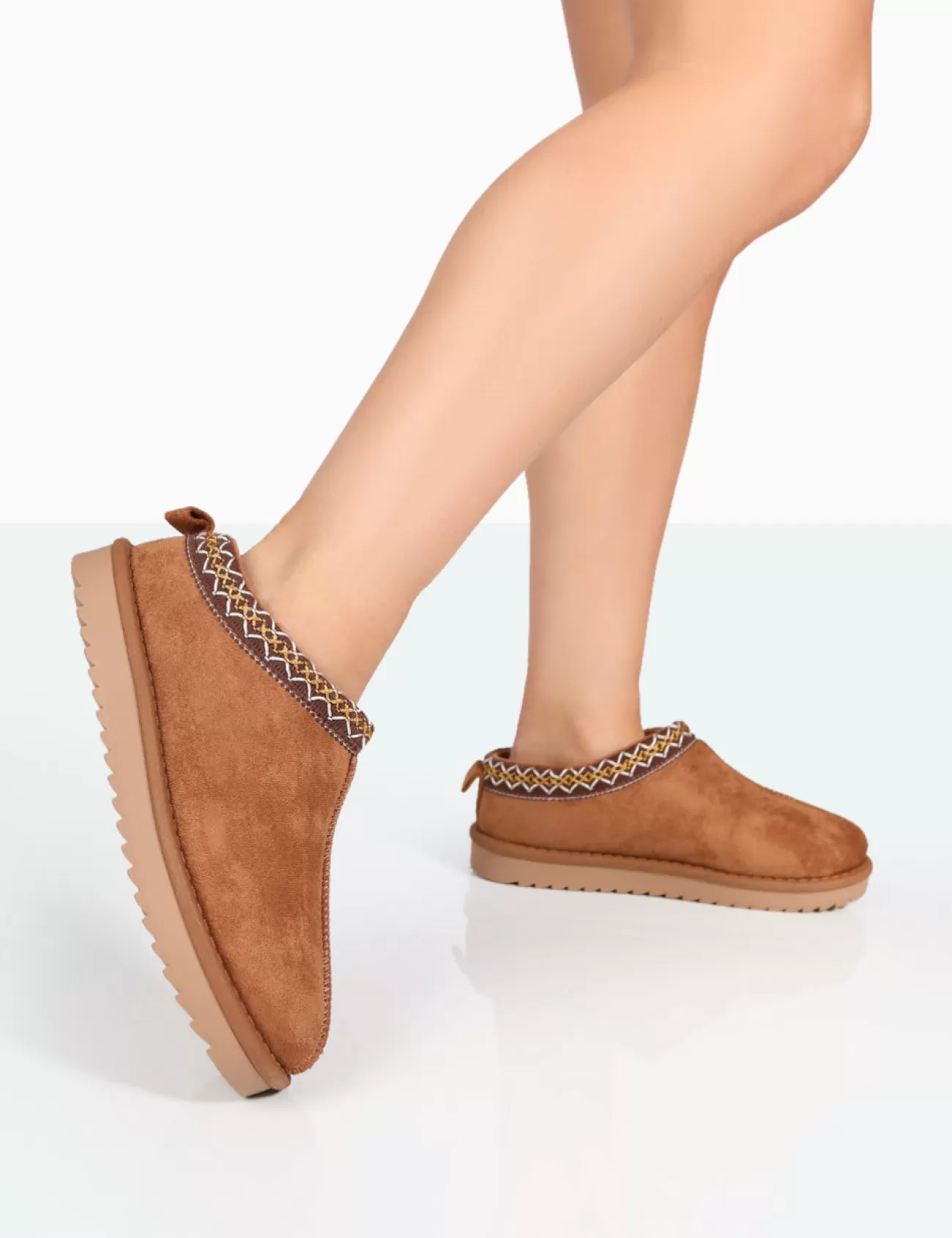 Public Desire Tamsin Faux Suede Embroidered Slipper Boots Tan Store