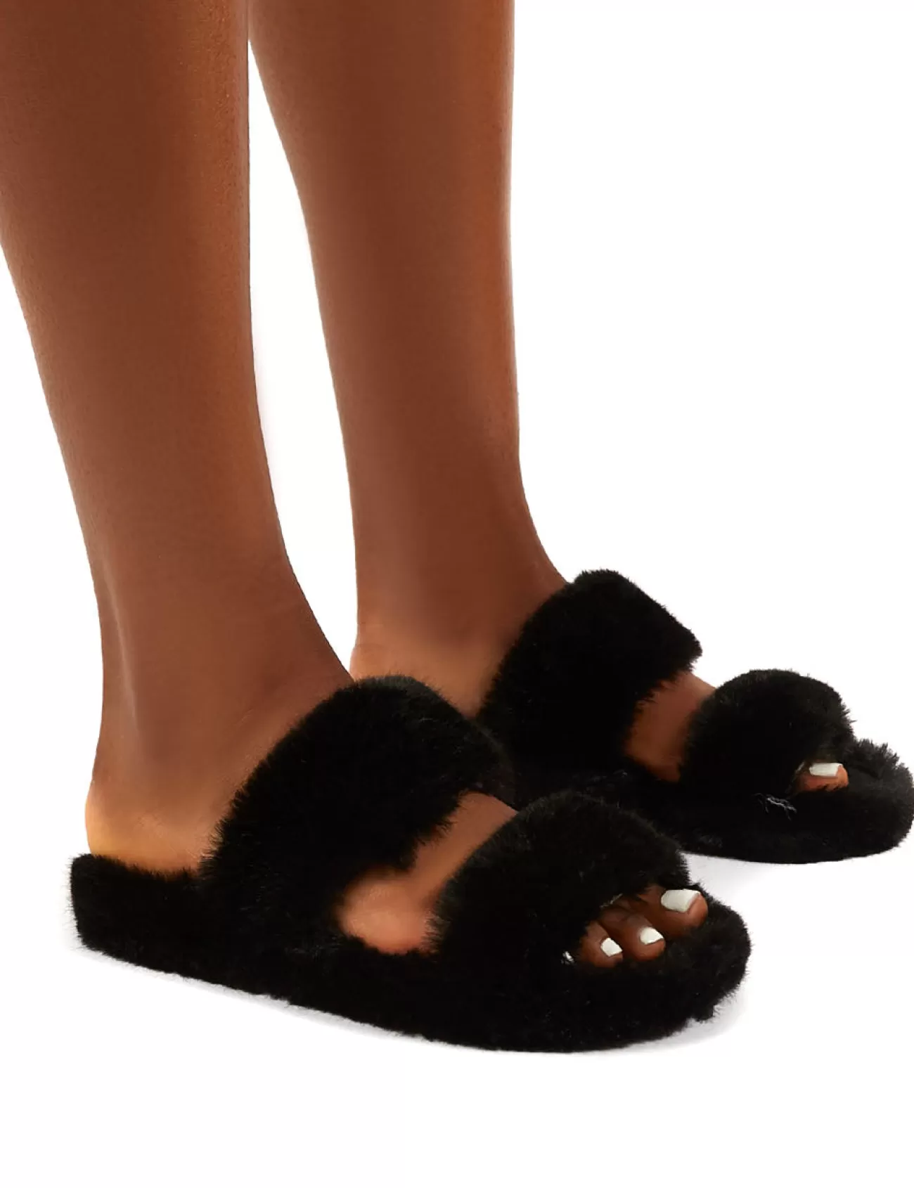 Public Desire Teddi Fluffy Double Strap Slider Faux Fur Slipper Black Best