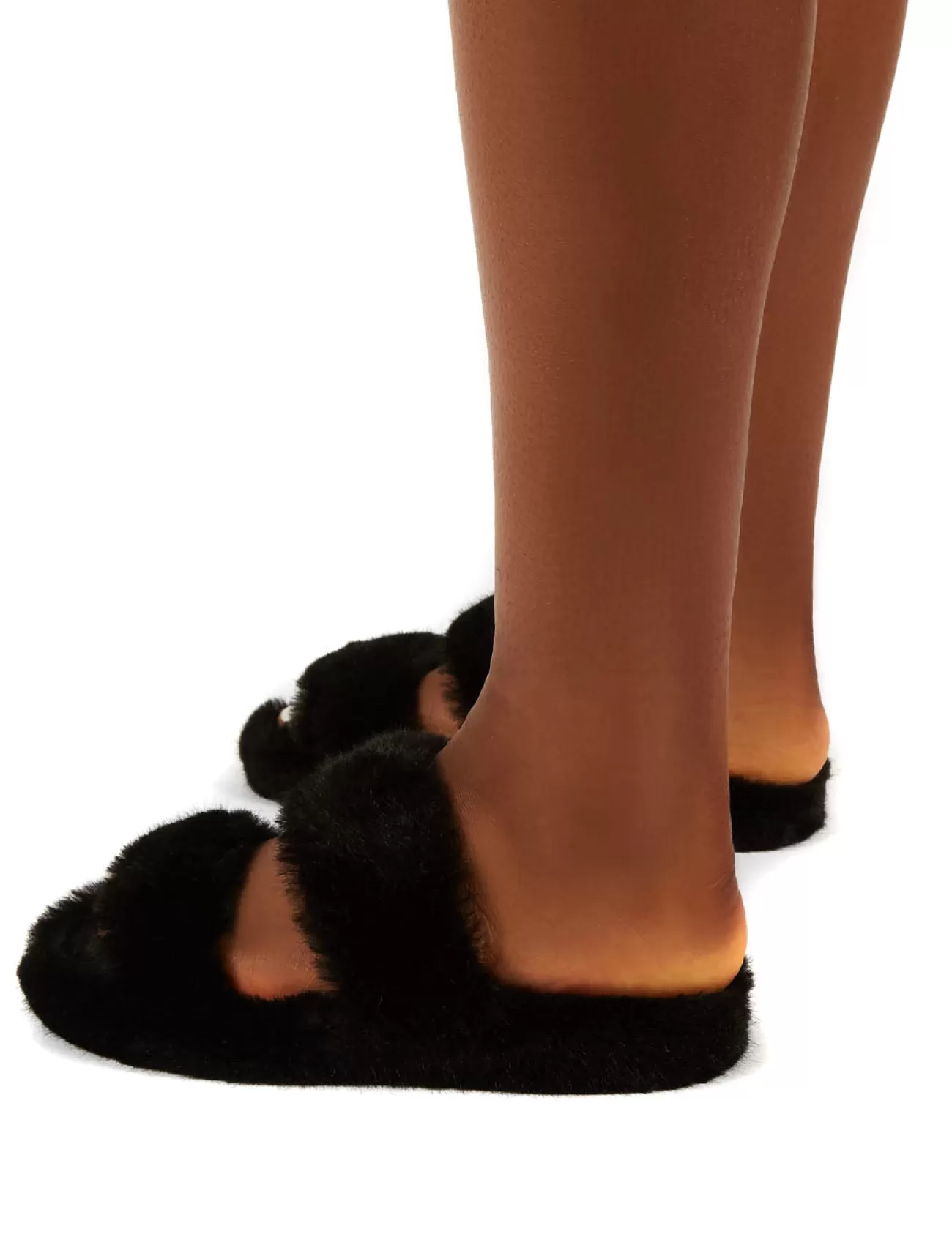 Public Desire Teddi Fluffy Double Strap Slider Faux Fur Slipper Black Best