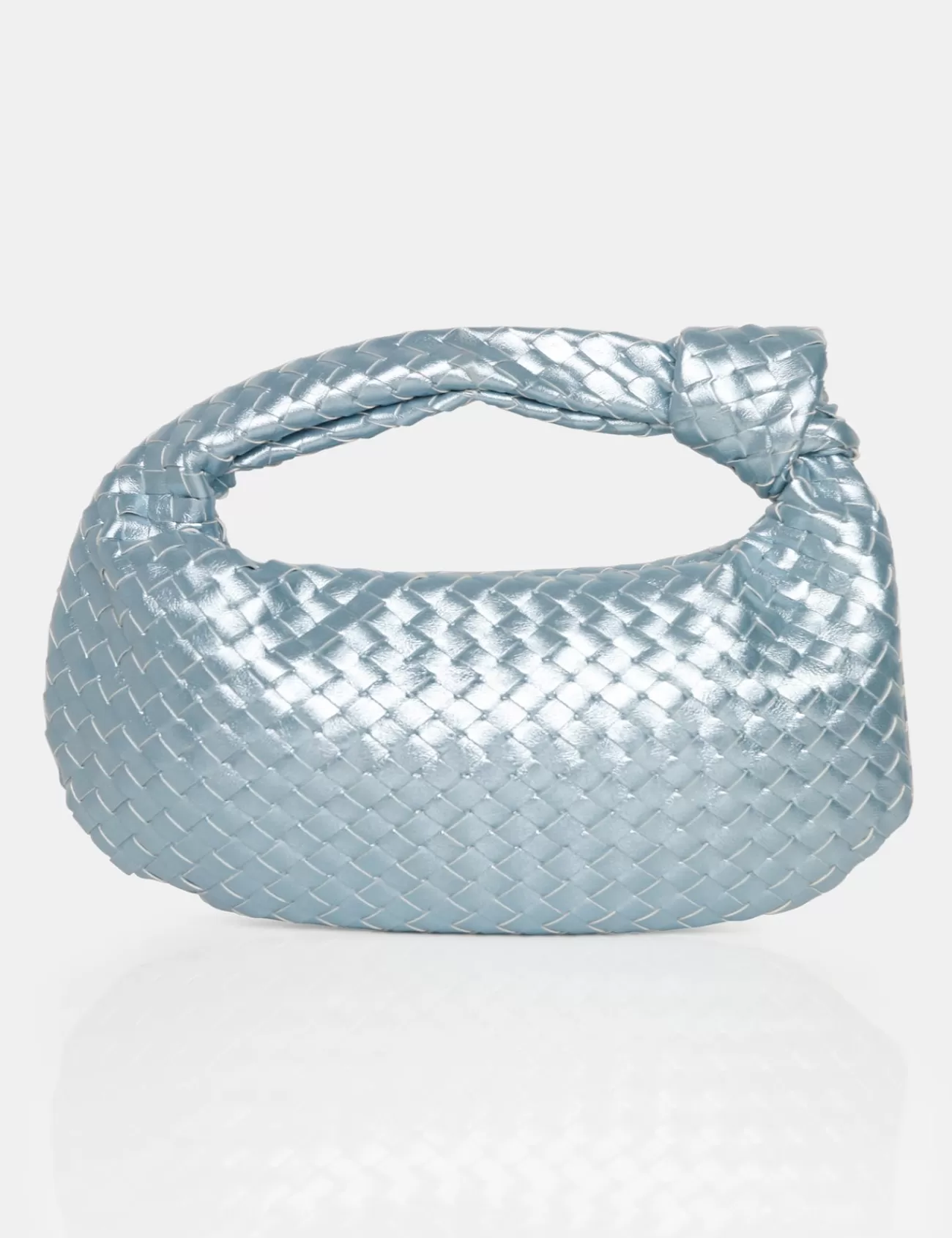 Public Desire The Blame Metallic Iridescent Woven Pu Knot Detail Mini Grab Bag Silver New