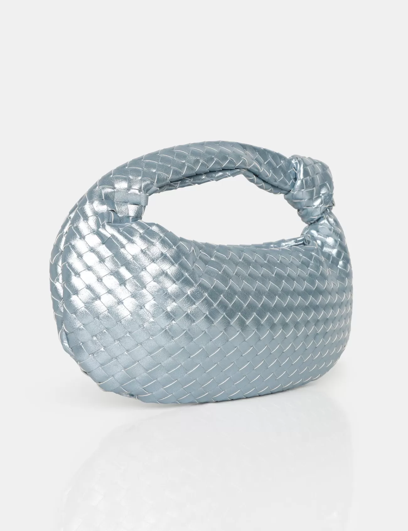 Public Desire The Blame Metallic Iridescent Woven Pu Knot Detail Mini Grab Bag Silver New