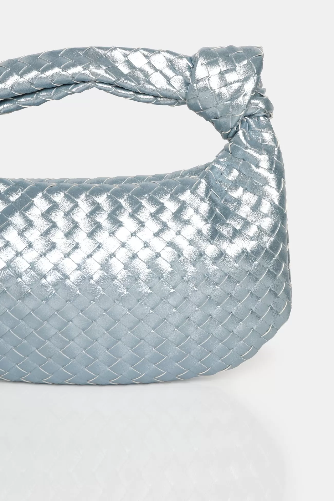 Public Desire The Blame Metallic Iridescent Woven Pu Knot Detail Mini Grab Bag Silver New