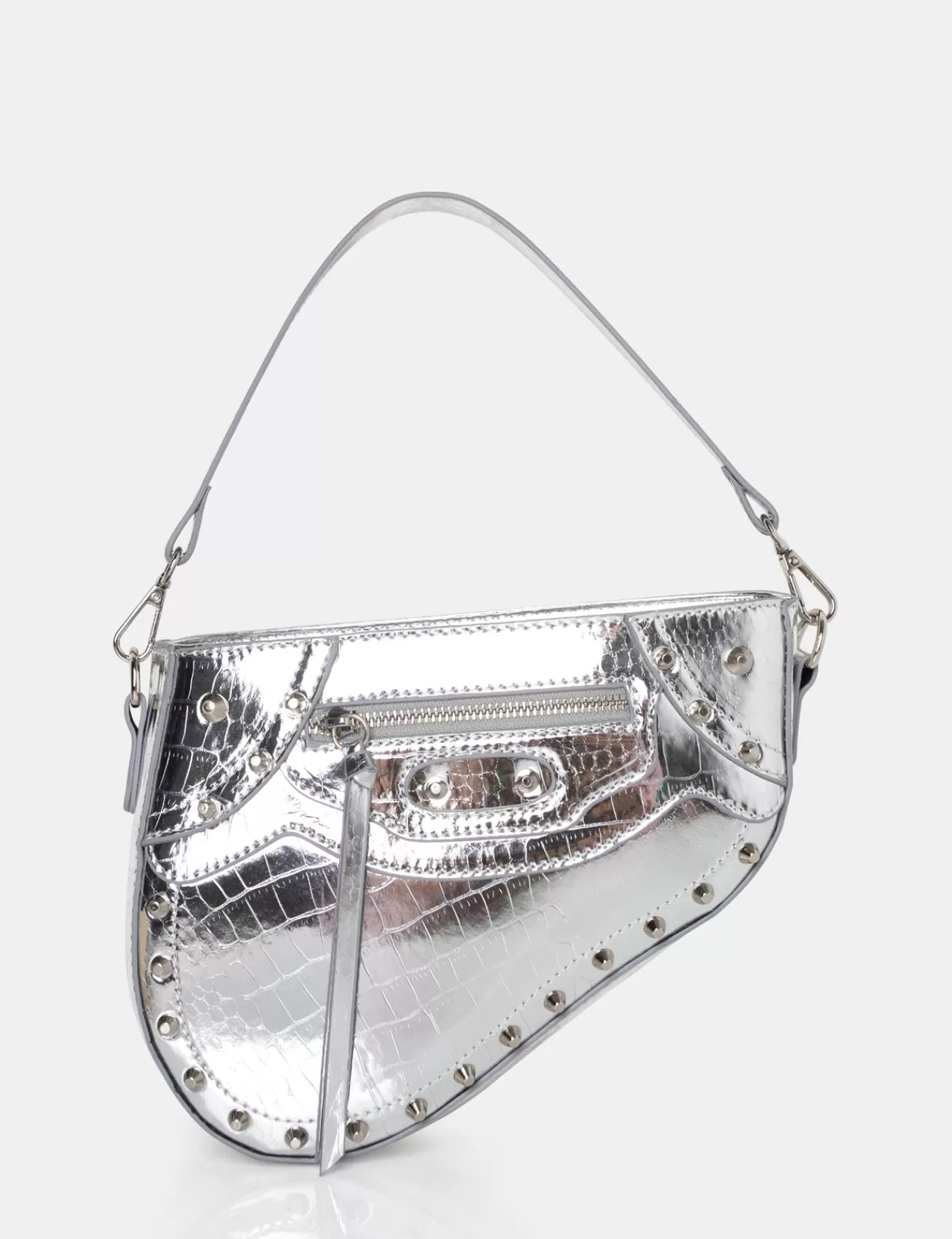 Public Desire The Fox Metallic Croc Studded Saddle Shoulder Bag Silver Shop