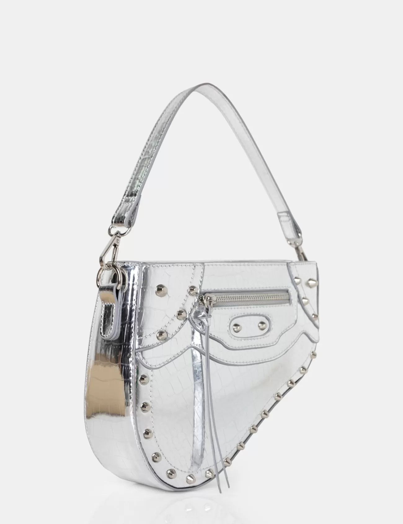 Public Desire The Fox Metallic Croc Studded Saddle Shoulder Bag Silver Shop