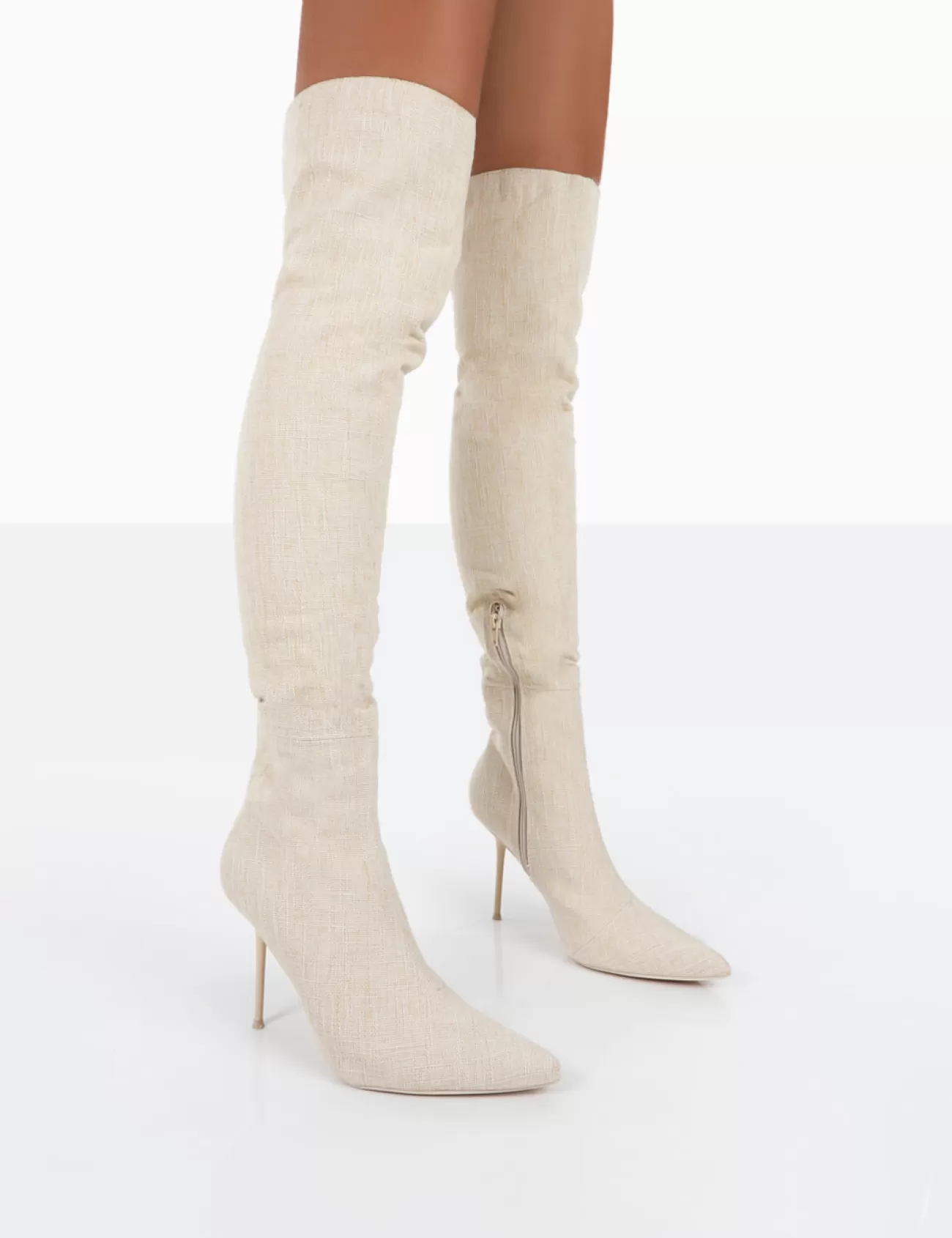 Public Desire Tianna Natural Linen Pointed Toe Over The Knee Stiletto Boots Nude Discount