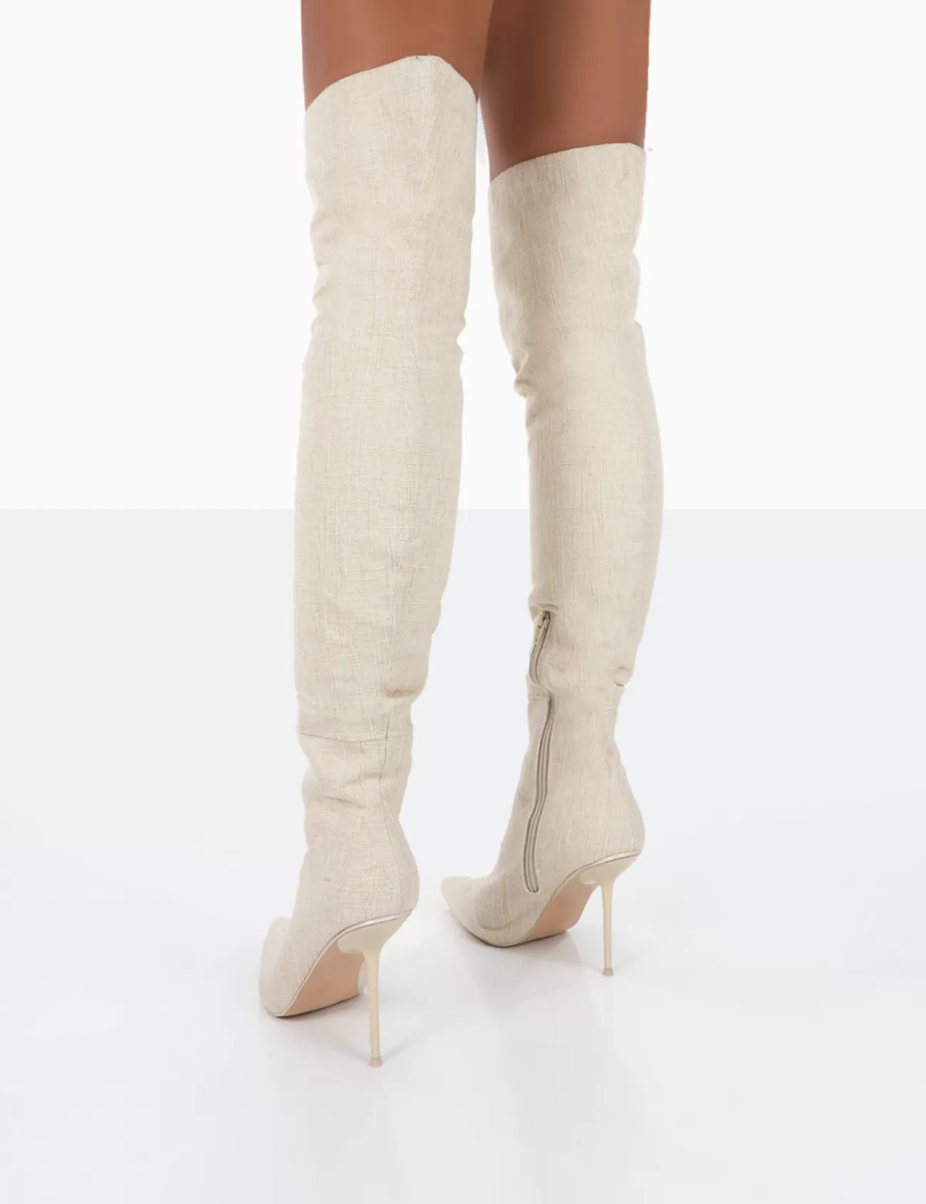 Public Desire Tianna Natural Linen Pointed Toe Over The Knee Stiletto Boots Nude Discount