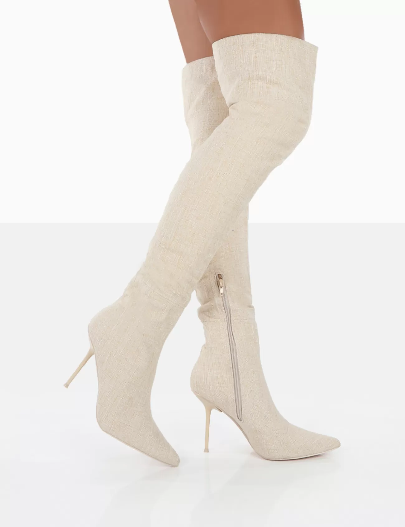 Public Desire Tianna Natural Linen Pointed Toe Over The Knee Stiletto Boots Nude Discount