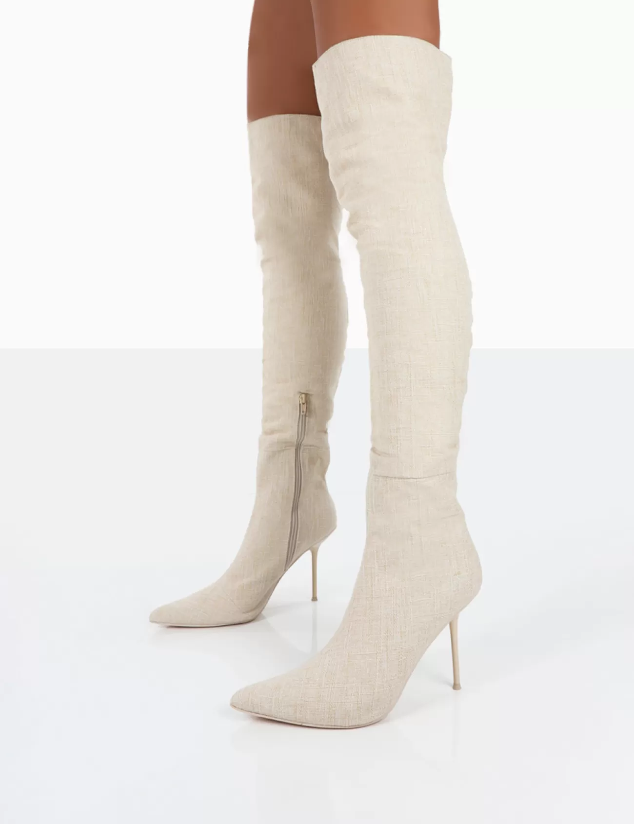 Public Desire Tianna Natural Linen Pointed Toe Over The Knee Stiletto Boots Nude Discount