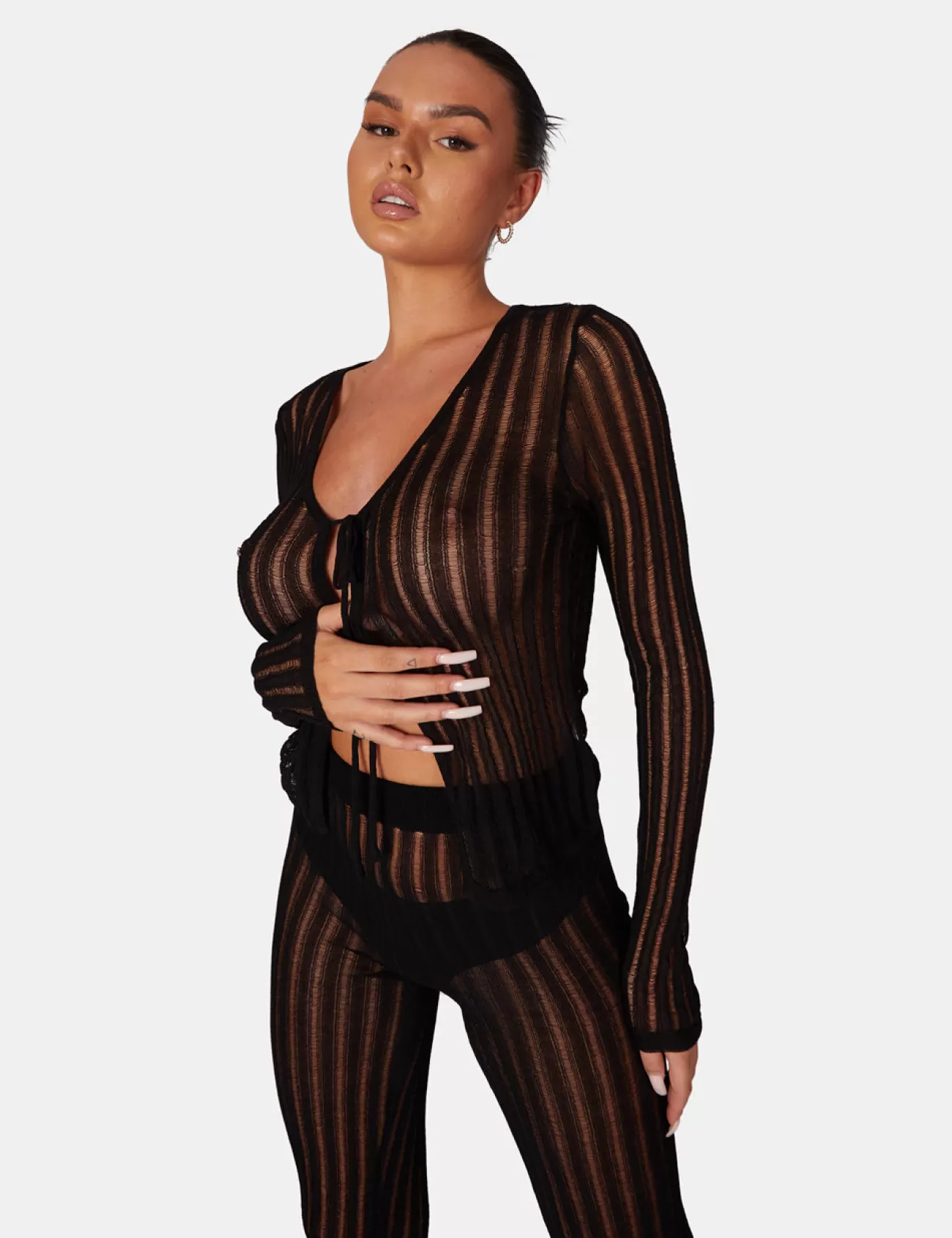 Public Desire Tie Front Ladder Stitch Long Sleeve Knitted Cardigan Black Flash Sale