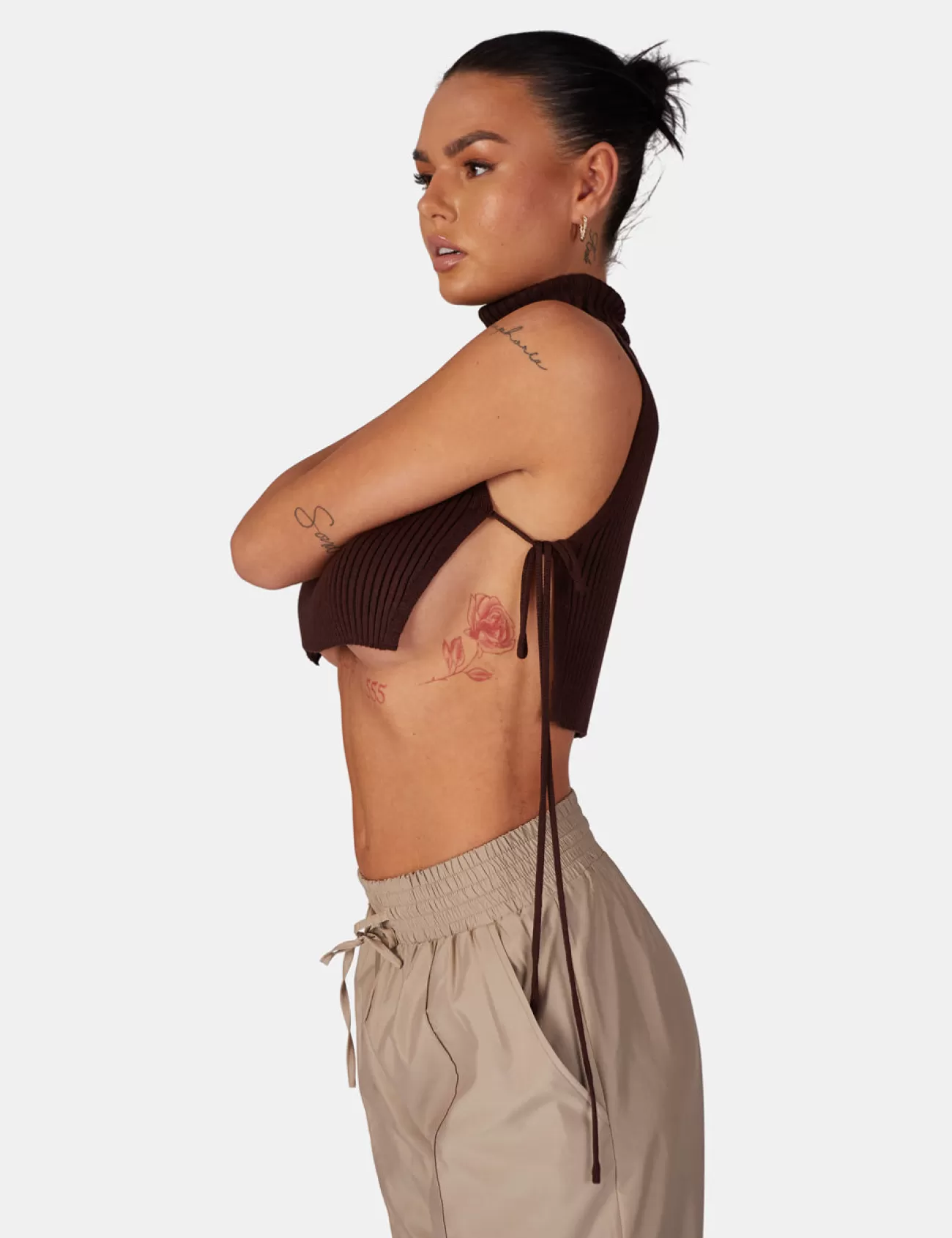 Public Desire Tie Side Roll Neck Crop Top Brown Store