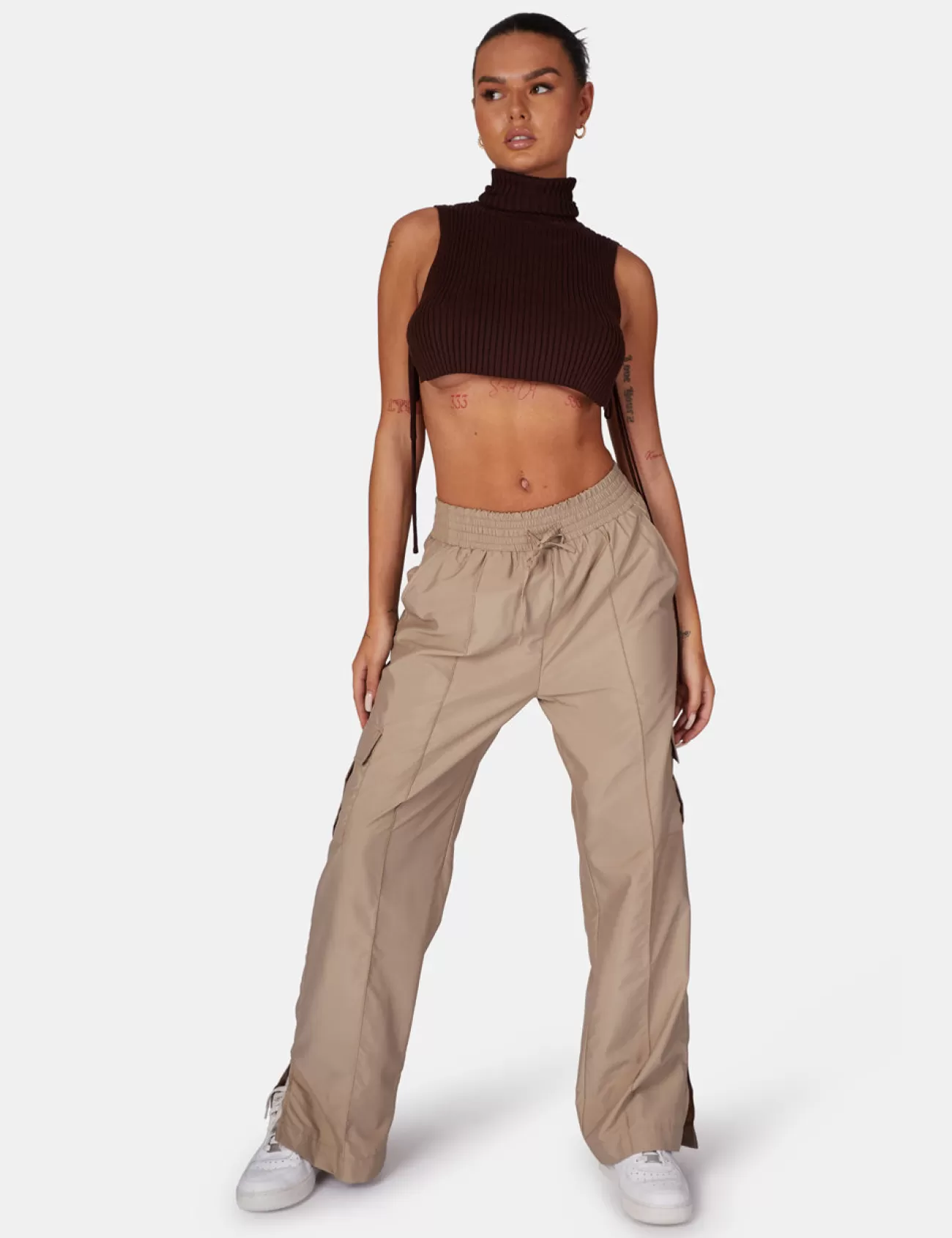 Public Desire Tie Side Roll Neck Crop Top Brown Store