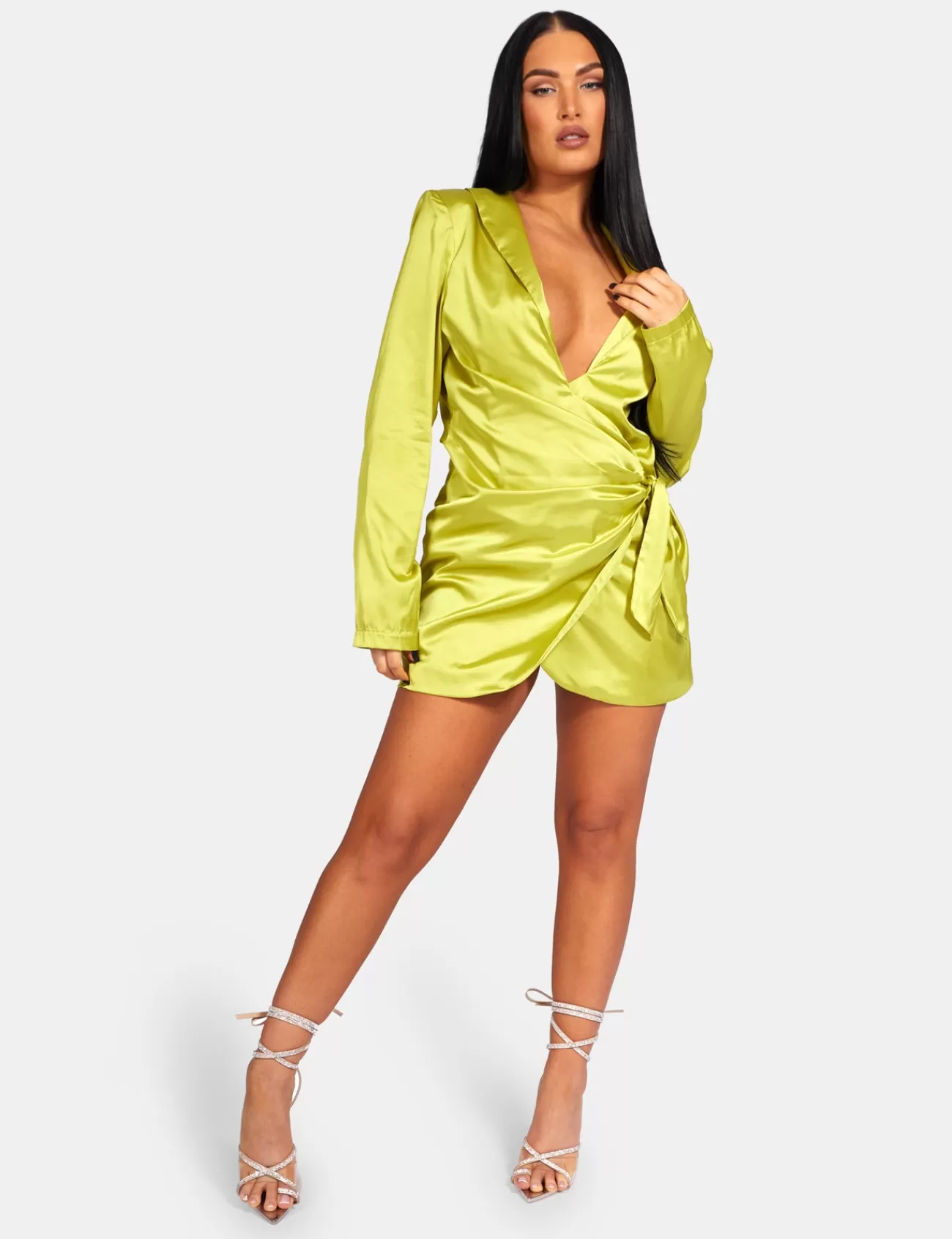 Public Desire Tie Waist Satin Blazer Dress Lime Cheap