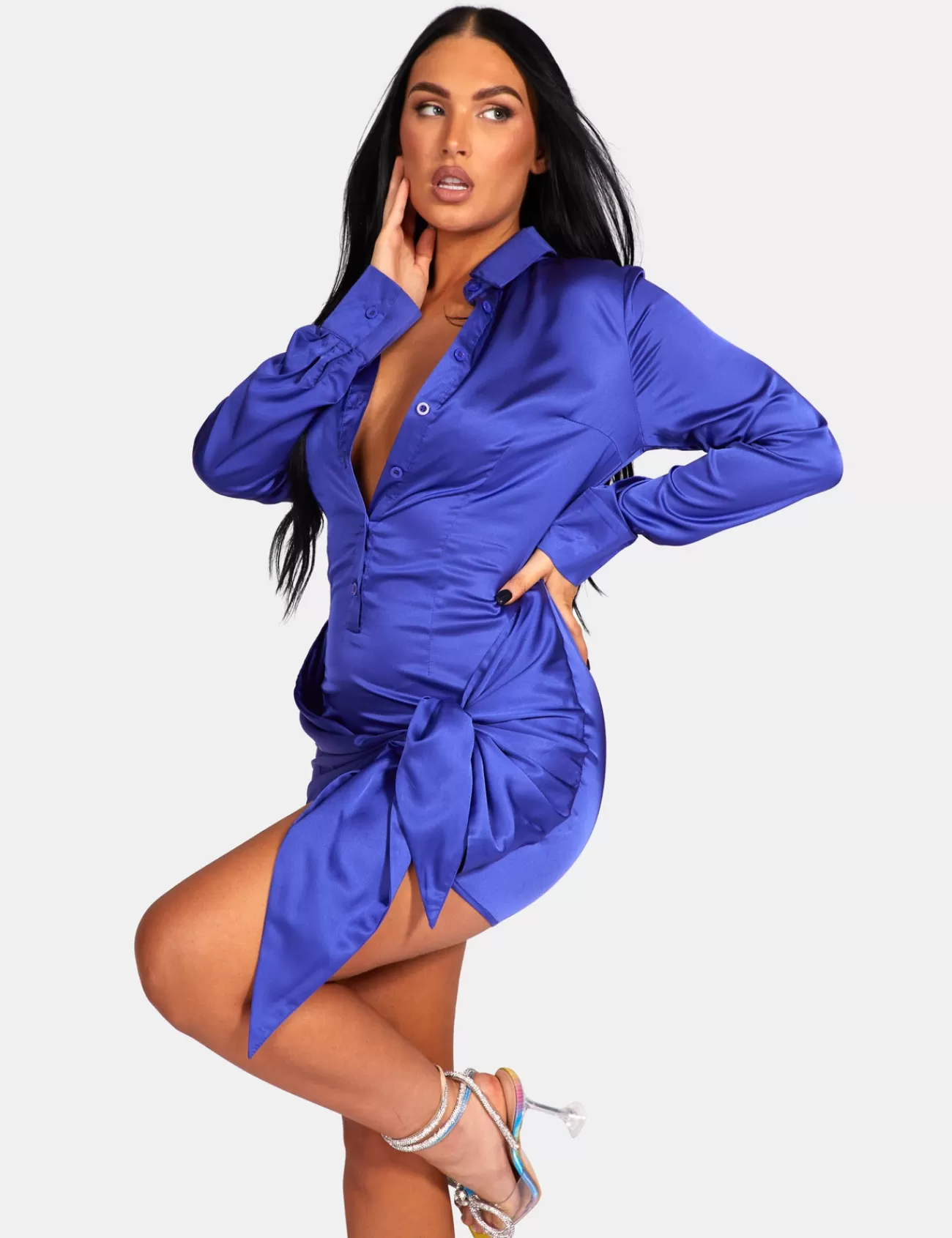 Public Desire Tie Waist Satin Shirt Dress Purple Store