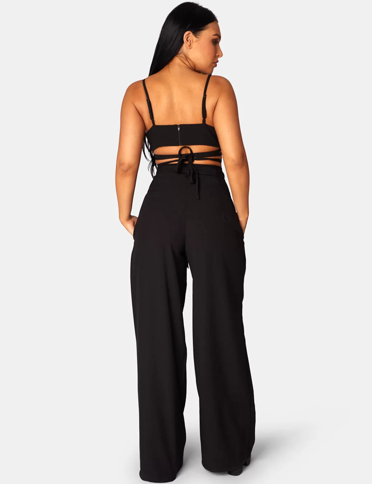 Public Desire Tie Waist Wide Leg Trousers Black Clearance