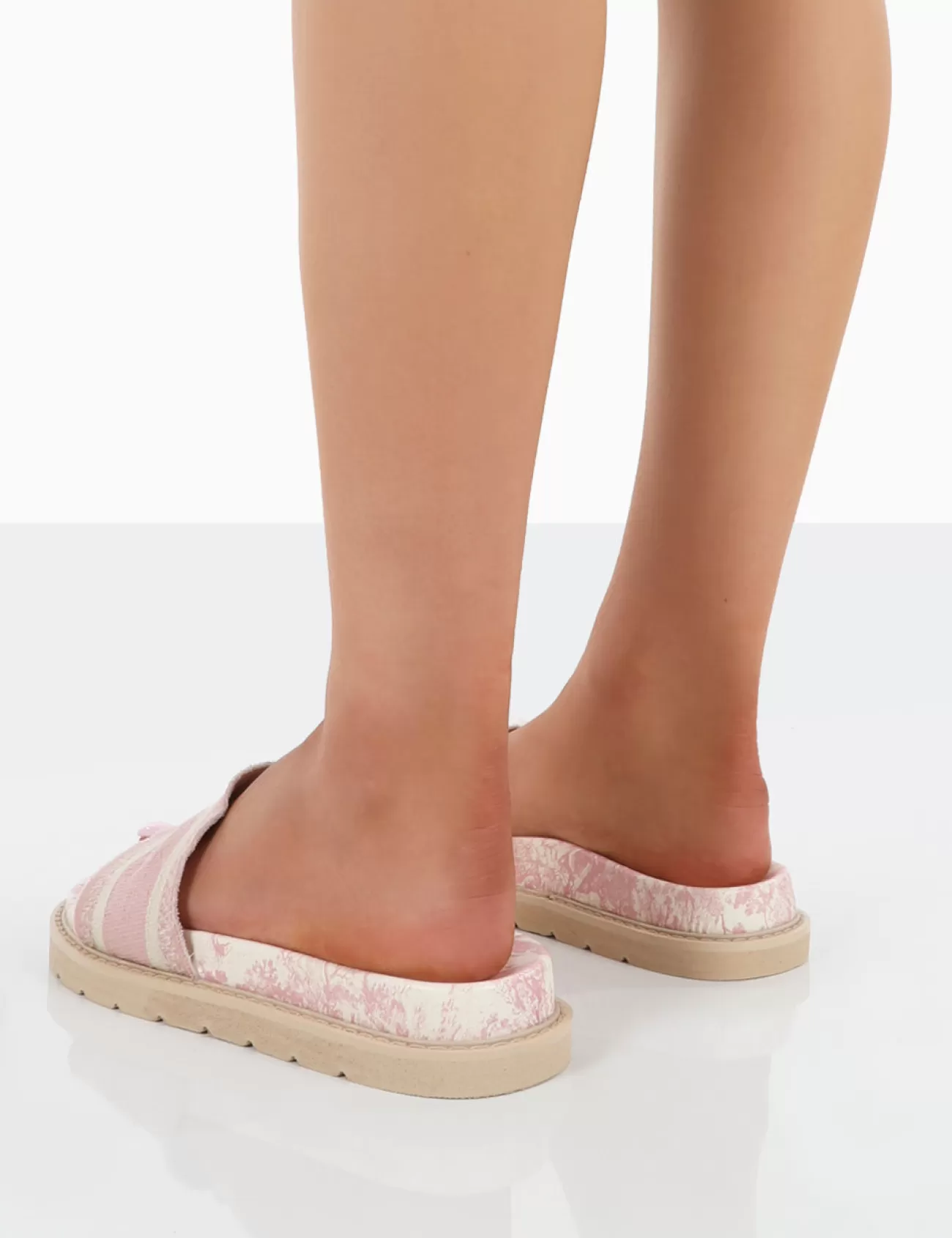 Public Desire Toile Baby Embroidered Print Slide Sandals Pink New