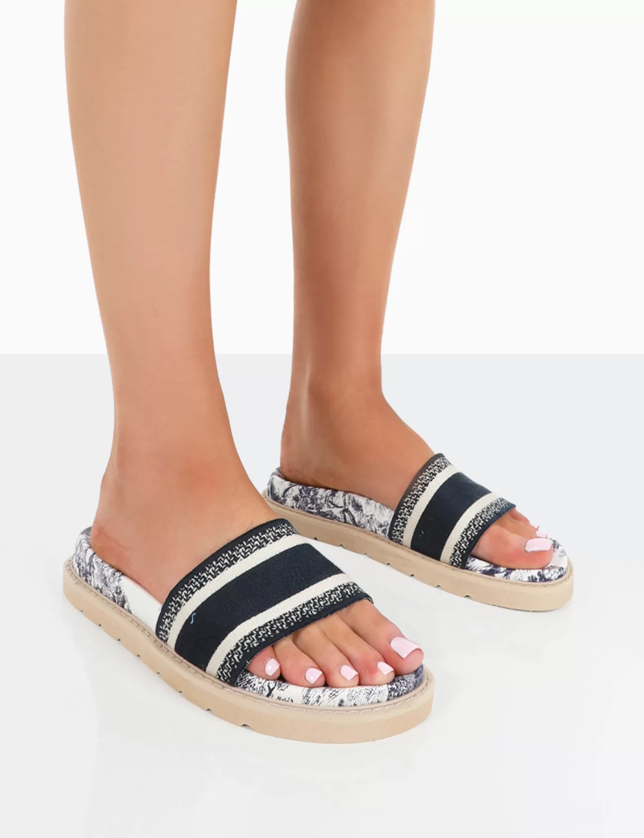 Public Desire Toile Embroidered Print Slide Sandals Navy Outlet