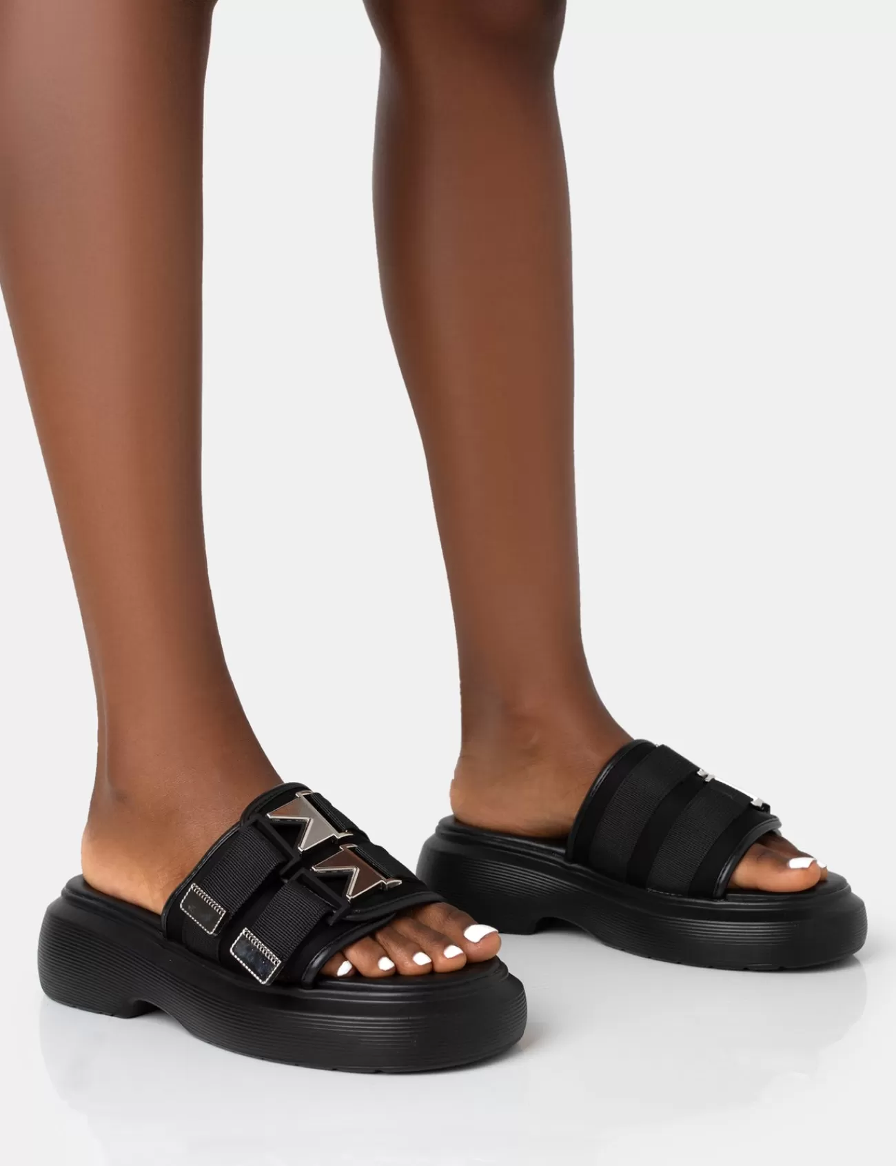 Public Desire Trace Buckle Mule Chunky Sandals Black Hot