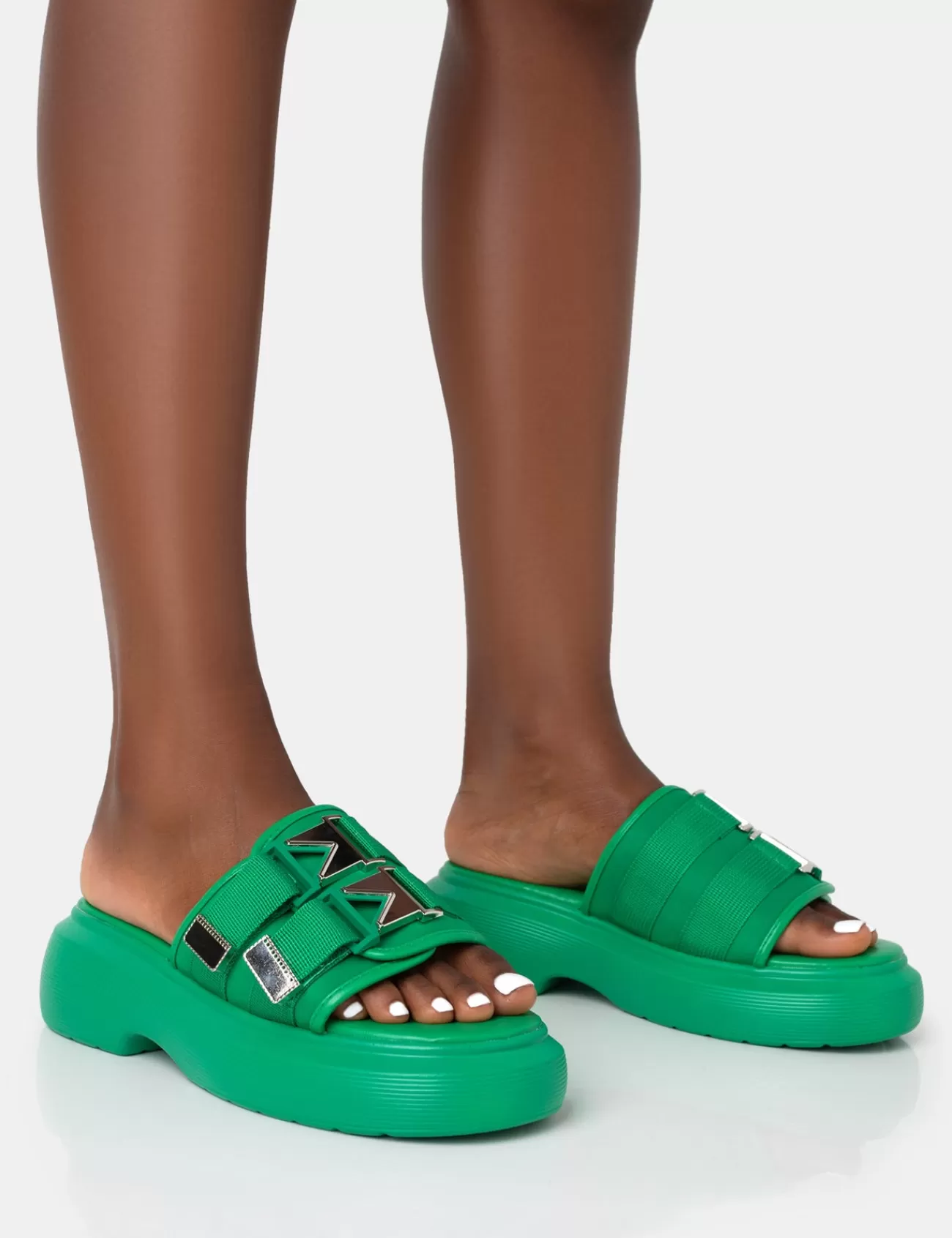 Public Desire Trace Buckle Mule Chunky Sandals Green Online