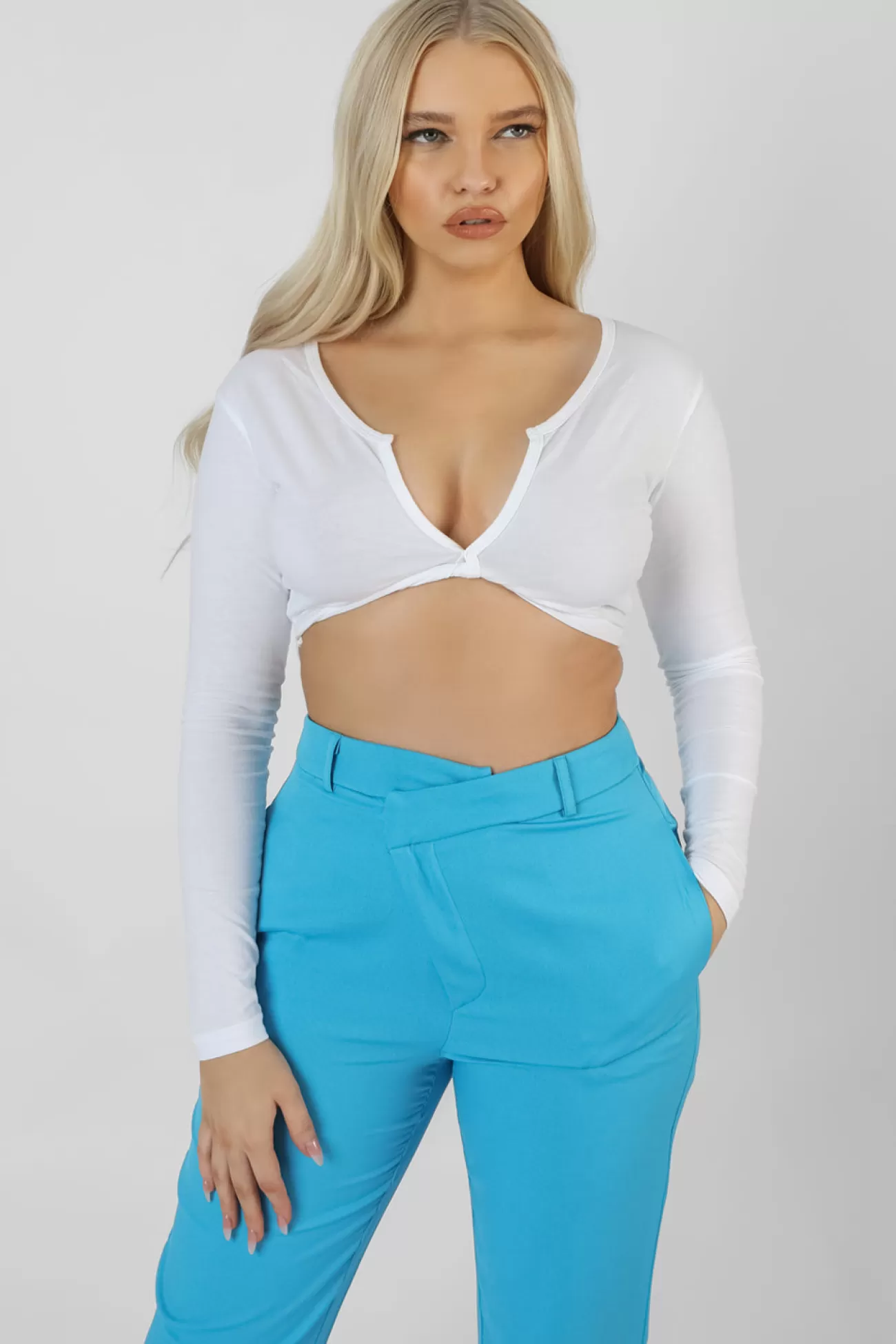 Public Desire Twist Front Long Sleeve Crop Top White Cheap